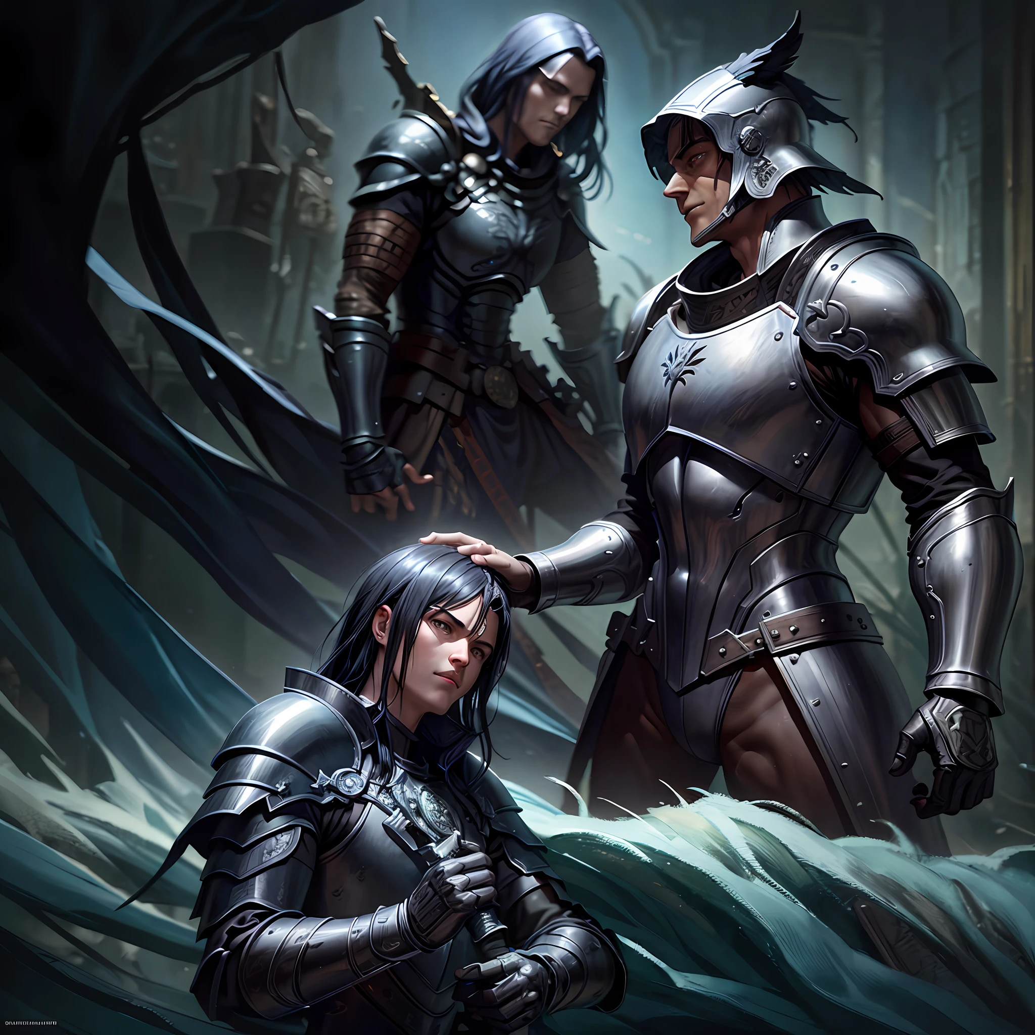 there is a man in armor kneeling down next to a warrior, fallen knight,battle scene donato giancola and tom bagshaw, gerald brom and vincent di fate, anthropomorphic raven knight, by Gonzalo Endara Crow, by Dave Dorman, frank quitely, dan mumford tom bagshaw, abaddon and magali villeneuve, artorias, ultra brightness, cinematic lighting
