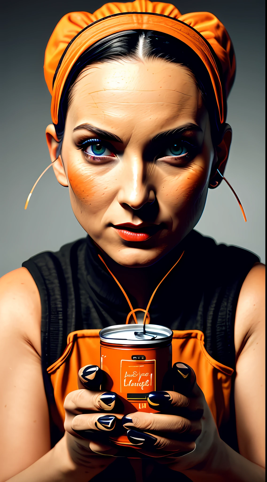 Best quality, realistic, award-winning illustration, (complicated detail: 1.2), (fine detail), (complicated detail), (cinematic lights, best quality), sharp lines, sharp focus, official art, 16k, ultra detailed complex 3d rendering of a beautiful porcelain profile woman android face, cyborg, robotic parts, wearing black and orange cap, splash graphite background, splash dulce de leche, (holding a can of candy:  1.3), anatomical, facial muscles, electrical cables, microchip, wearing black apron with orange, wearing jeans, octane rendering, H. R. Giger style, extremely detailed CGI, studio photography, 16k, white background.