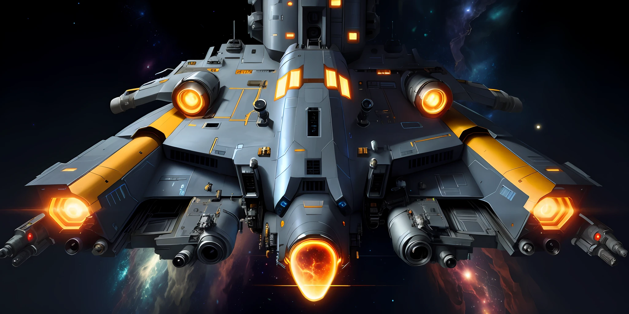 (1 spaceship, thruster view, back view), Rebel Galaxy Game, image-centered, dark setting, golden ratio, space, stars, nebula