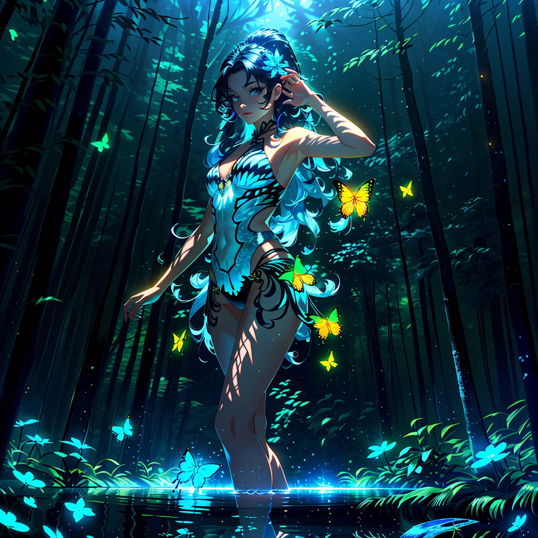 A masterpiece, the best quality, stunning reflections, the best reflections ever. (very detailed CG unity 8k wallpapers), (best quality), (best illustrations), (best shadows), forest theme with natural elements. Tall trees, quiet streams, small glowing mushrooms surrounded by delicate leaves and branches, with fireflies and glowing particle effects,, (natural elements), (jungle theme), (leaves), (twigs), (fireflies), butterflies, (delicate leaves), (glow), (particle effects). , Isometric 3D, Octane Rendering, Ray Traced, Super Detailed,a beautiful girl at the middle, long hair, wind flow, partially submerged, sexy pose, looking at viewers, curious expression,cute face, sexy clothes