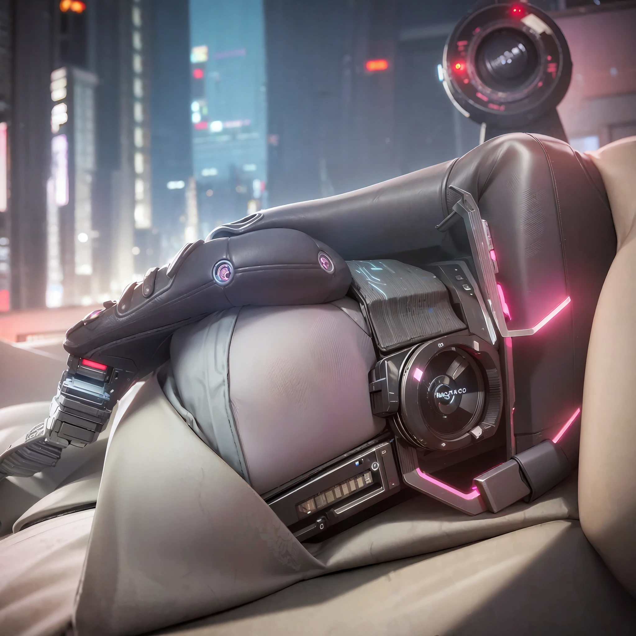 (cyberpunk:1.4), (photorealistic:1.4), (best quality:1.0), (ultra highres:1.0), 8k, RAW photo, (masterpiece:0.2), ultra-detailed, 1girl, pale skin, detailed skin, looking at viewer, pillow, on bed,