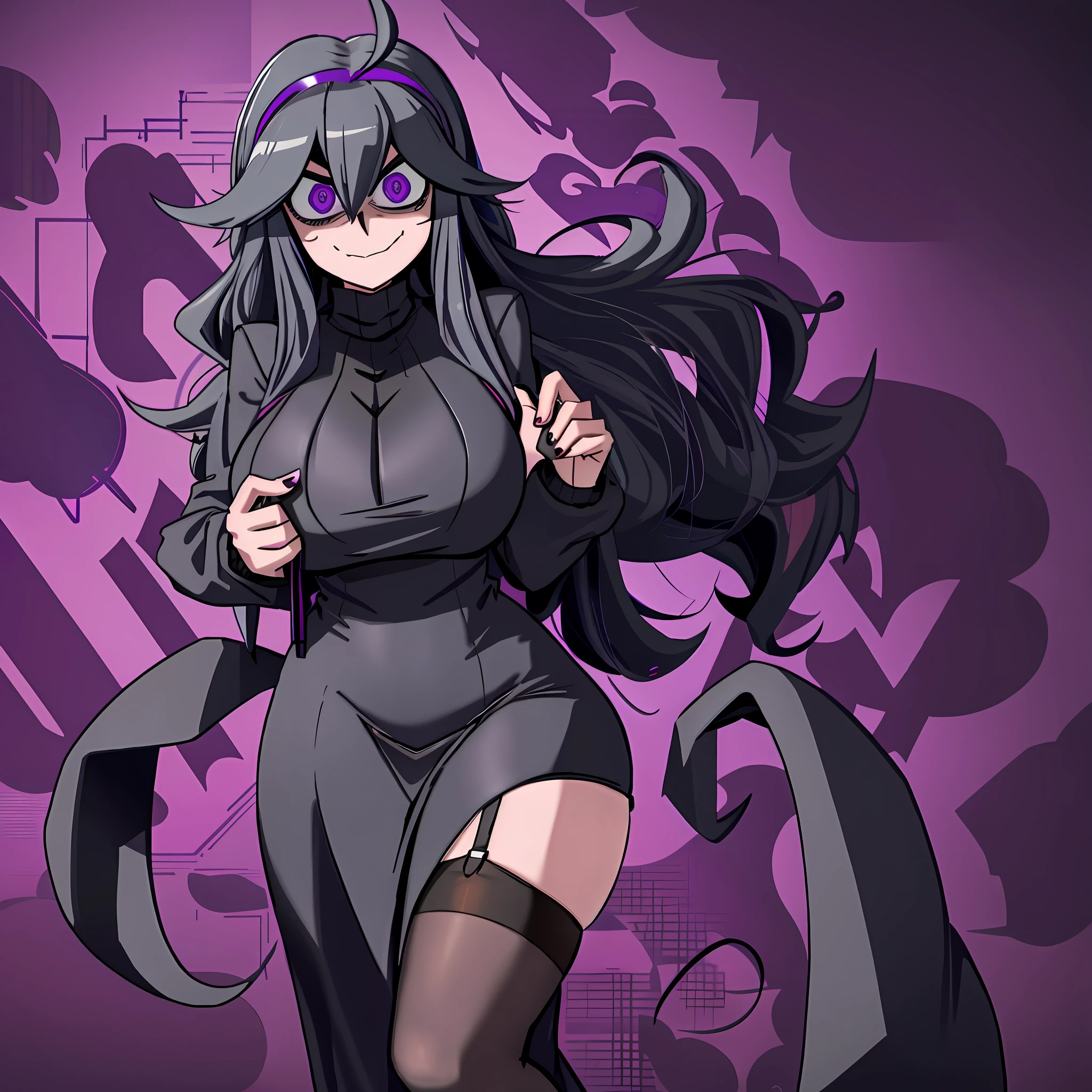 hexmaniacms, hex_maniac_\(pokemon\), 1girl, solo, standing, (huge breasts), short sleeved turtleneck sweater dress, purple clothes, taut_dress, embarrassed, smile, purple_eyes, shiny_skin, cowboy_shot, dark forest, night, crazy_eyes, (shaded_face:1.3), clothing_cutout, anime, cleavage, huge massive breasts, thighhighs, lifted_by_self, black_garter_belt,