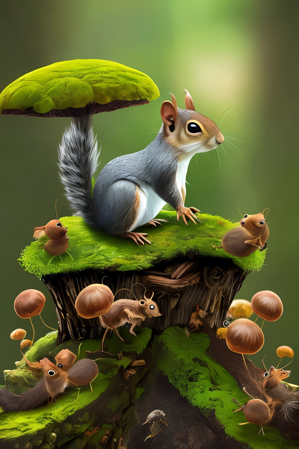single squirrel perched on top of an anthill+large black ants crawling up the anthill+surrounded by acorns and moss patches -isolated imagery-mystical fantasy-upscale