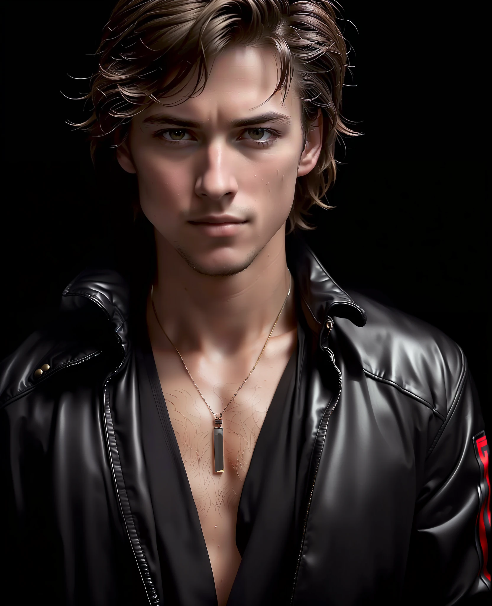 an award winning photograph of a (handsome man:1.1), detailed, trending on artstation,black suit, auburn, brown eyes, sporty body, messy hair, wet hair, light long hair, necklace,20 years old, male, extreme realistic, high quality, very detailed, dramatic lighting, digital art trends on Artstation 8k HD detailed realistic, detailed, skin texture, super detailed, realistic skin texture, armature, best quality, super high res, (fidelity: 1.4), high resolution, detailed, raw photo, sharp re, by lee jeffries nikon d850 film stock photograph 4 kodak portra 400 camera f1.6 lens rich colors hyper realistic lifelike texture dramatic lighting unrealengine trending on artstation cinestill 800