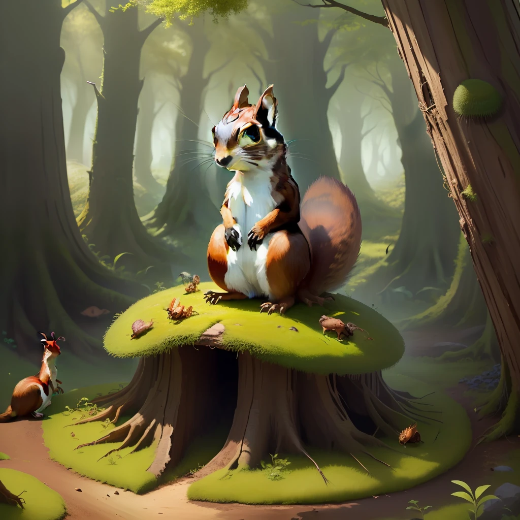 single squirrel perched on top of an anthill+large black ants crawling up the anthill+surrounded by acorns and moss patches -isolated imagery-mystical fantasy-upscale