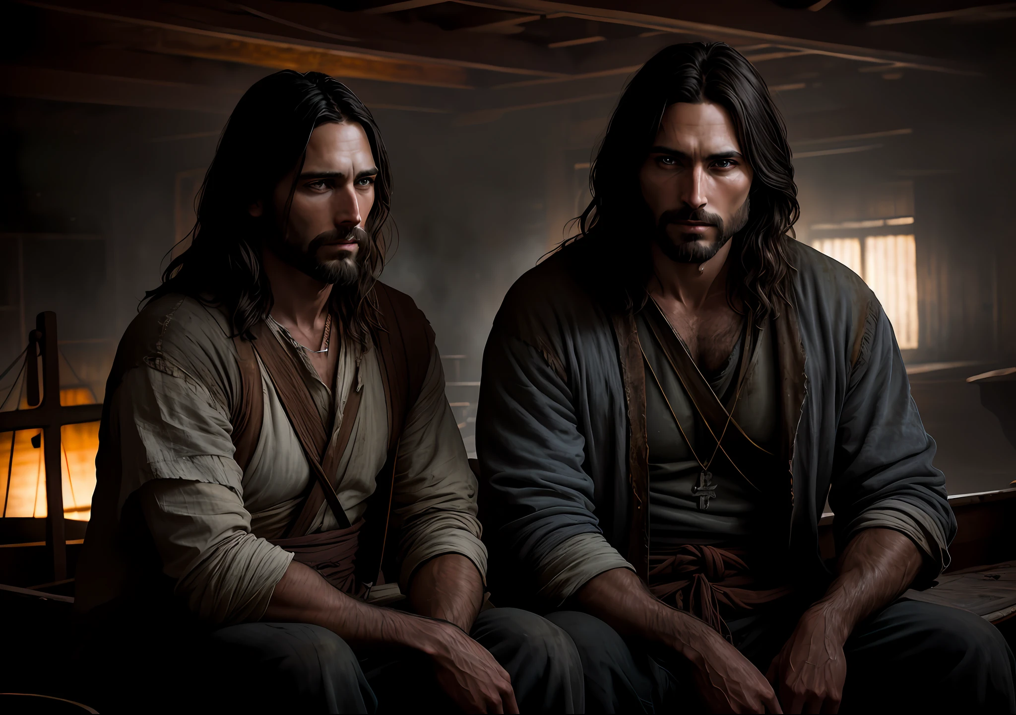 JESUS CHRIST sitting next to an old boat Dark photo: realistic epic, soft cinematic portrait, adobe lightroom, photographic lab, highly detailed, faded, art by Greg Rutkowski and artgerm ,neutral colors: 1,2), (hdr:1,4) , (soft colors:1.2), hyperdetailed, (artstation:1.4), cinematic, warm lights, dramatic light, (intricate details:1.1), complex background, (rutkowski:0.66), (blue and orange:0.4)