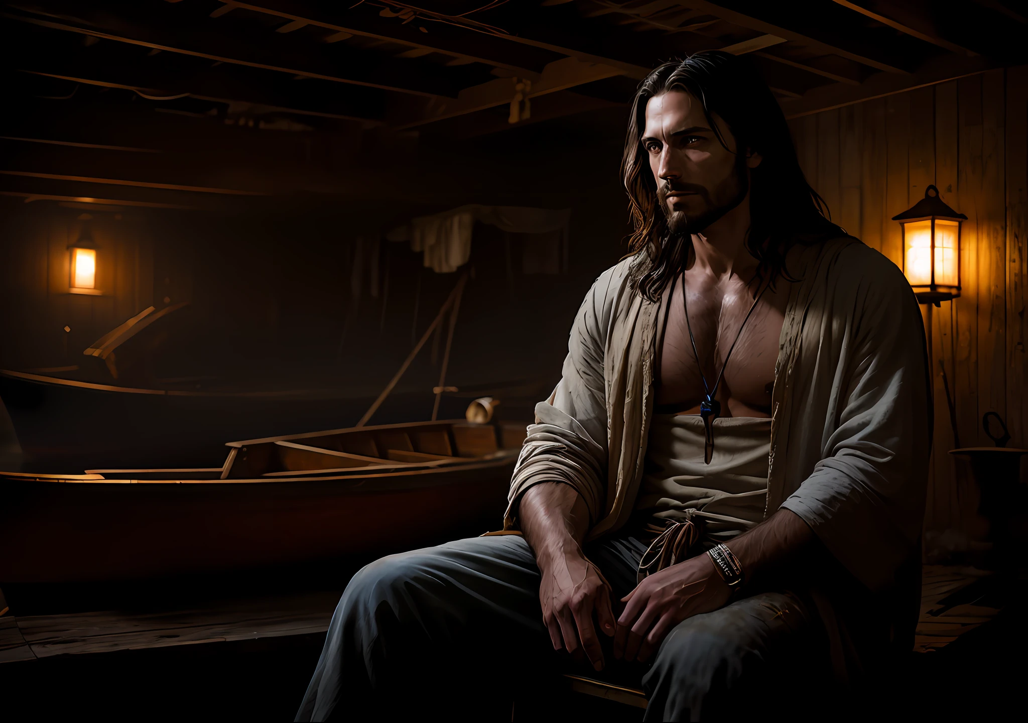 JESUS CHRIST sitting next to an old boat Dark photo: realistic epic, soft cinematic portrait, adobe lightroom, photographic lab, highly detailed, faded, art by Greg Rutkowski and artgerm ,neutral colors: 1,2), (hdr:1,4) , (soft colors:1.2), hyperdetailed, (artstation:1.4), cinematic, warm lights, dramatic light, (intricate details:1.1), complex background, (rutkowski:0.66), (blue and orange:0.4)