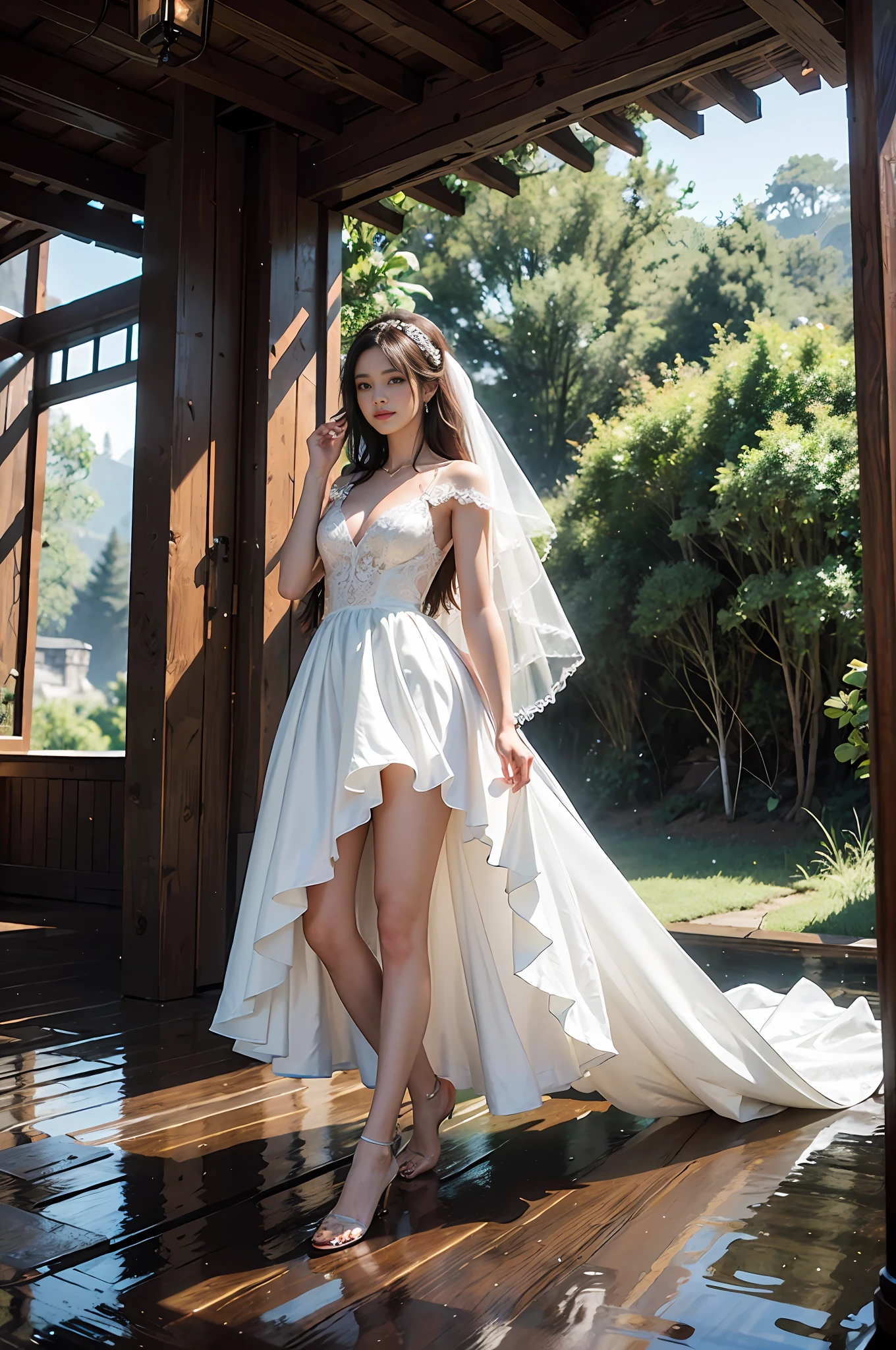 {bride}, (long wedding dress), half-submerged, {back view}, dark brown hair, {(photo taken from a very distance)}, (bride looks very small in the distance), wide shot, (back view walking alone), colorful bare feet, trails, steep cliffs, detailed, wet, muddy floor, rainy weather, wet, best quality, masterpiece, illustration, very delicate and beautiful, very detailed, CG, unity, 8K wallpapers, amazing, fine detail, highly detailed CG Unity 8K wallpapers, Huge file size, very detailed, high resolution, (Best illustration: 1.1), (best shadow: 1.1), ultra high resolution, (photorealistic: 1.1), (photo realistic: 1.2:1.1), digital painting, art station, concept art, breathtaking, high detail, 4k, very detailed, beautiful, setting shots, hyperrealism, Unreal Engine 5, smile, right hand back,