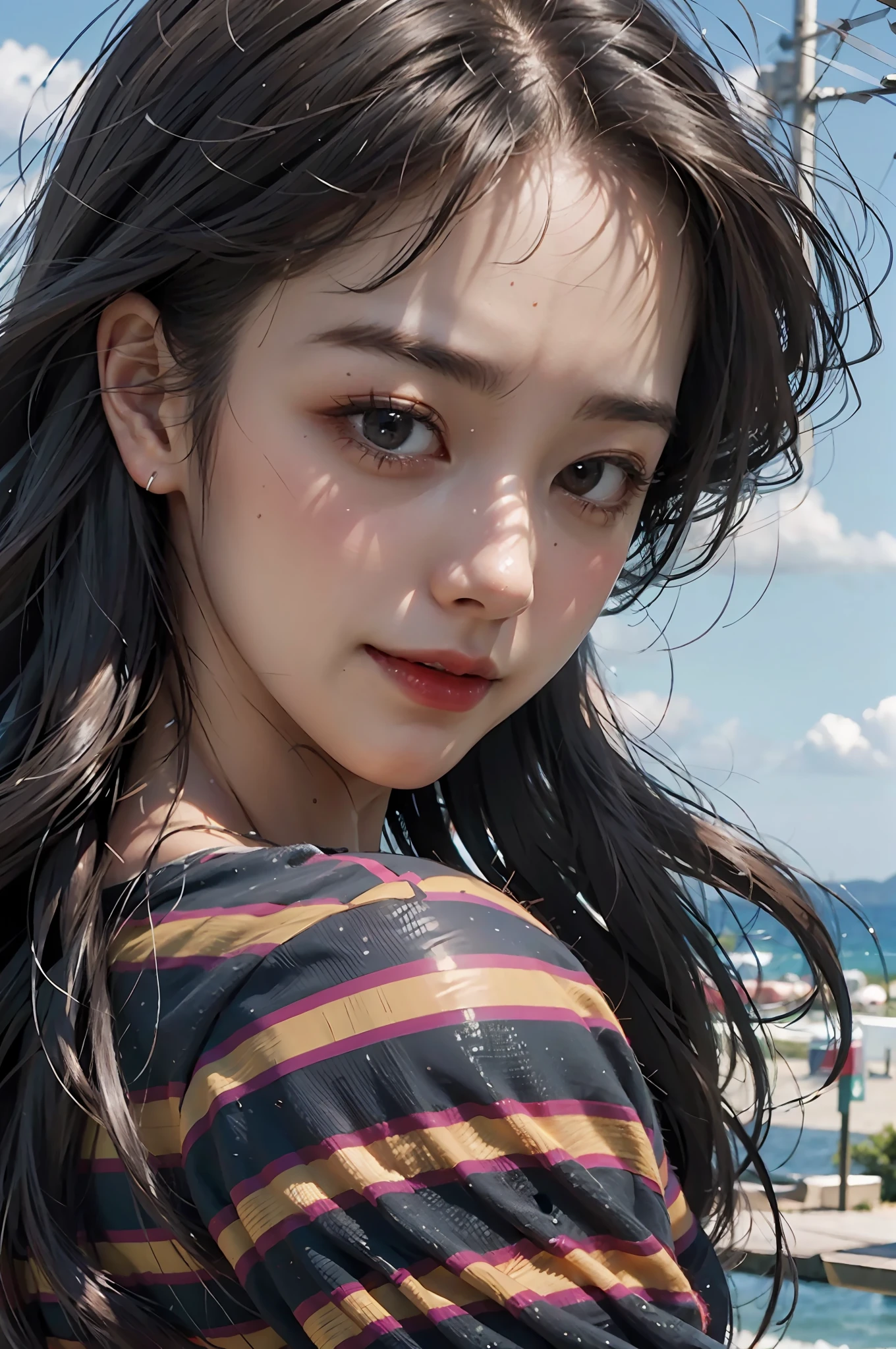 Woman posing for photo, laugh: 1.8, happy, long hair, straight hair, delicate skin, daytime, natural lighting, detailed face: 1.2, sharp focus, Hasselblad photography, masterpiece, light makeup, cinematic lighting, 4k, best quality