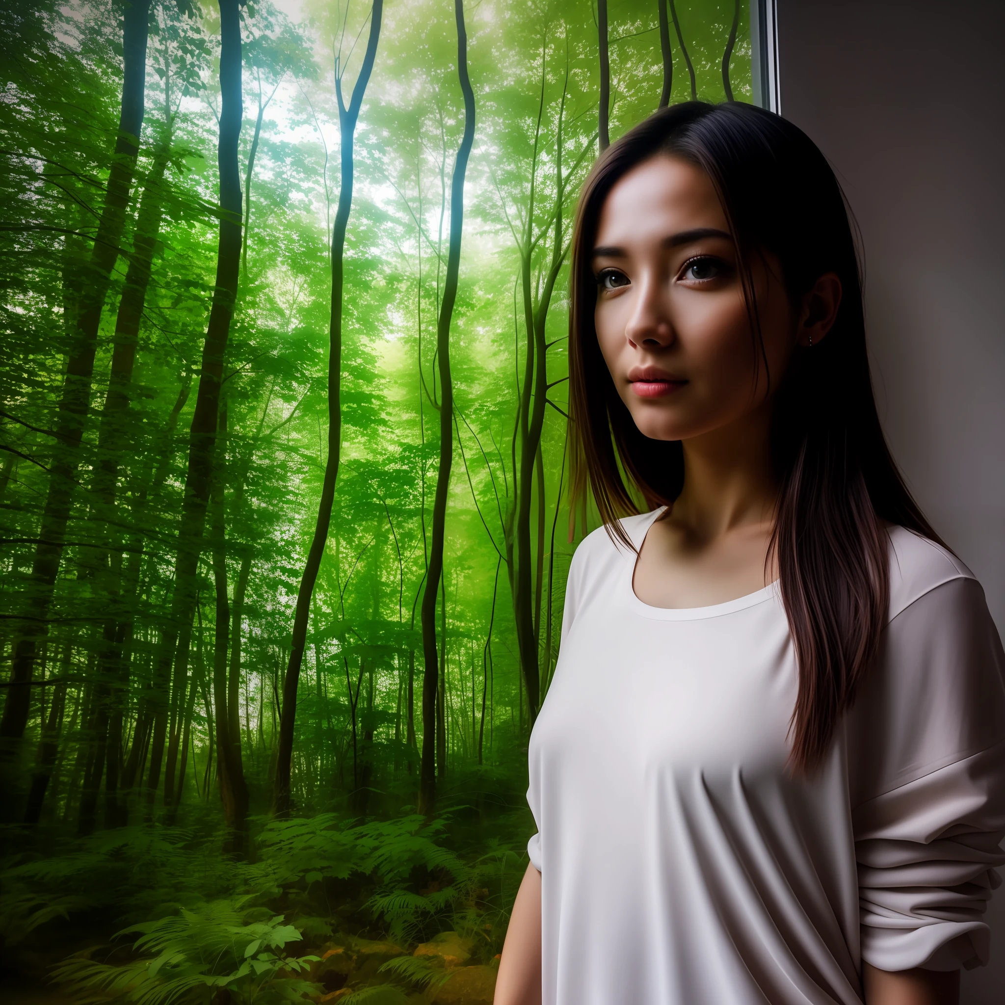 beautiful woman, ultra realistic, natural lights, wide angle, 16k, photography, glass wall, uhd, masterpiece