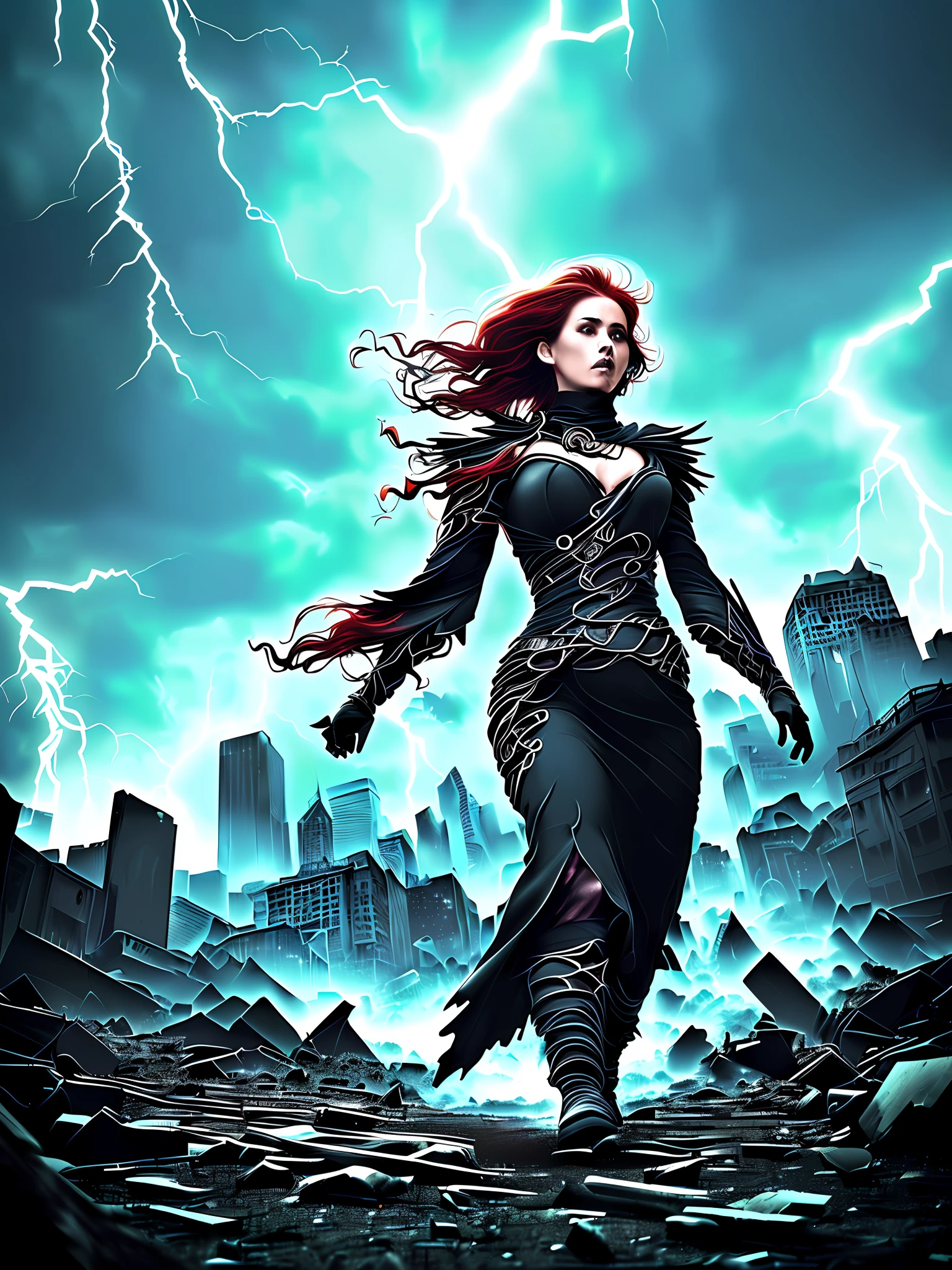 Amidst the wreckage of a once-glorious city, a mesmerizing woman with a flame-haired enchantress stands as the personification of pure chaos. The shattered buildings, ravaged by her wrath, are now engulfed in roaring infernos, with ethereal portals swirling ominously amidst the devastation.
With a mere gesture, the towering skyscrapers buckle and crumble, their skeletal remains surrounded by pulsating energy and crackling arcs of lightning. The ground trembles beneath her as she unleashes waves of cataclysmic force, leaving behind a trail of shattered concrete and twisted metal.
Adorned in a tattered ensemble that hints at ancient and forgotten powers, her once-majestic robes now bear the scars of countless battles. The fabric ripples and smolders with an otherworldly aura, as if channeling the very essence of destruction itself.
A tempest of dark magic swirls around her, unleashing cyclones of debris and torrents of seething flames. The air crackles with raw energy, and the once-vibrant cityscape is transformed into a nightmarish landscape of ruin and despair.
With each step, reality warps and bends, opening jagged portals to realms beyond. Chasms filled with roiling chaos yawn open, swallowing entire buildings into the abyss. The city trembles under the weight of her power, as if the very fabric of existence strains to contain her might.
As she moves through the shattered streets, her presence radiates with an aura of unstoppable destruction. Cracks race along the ground, trailing flames in her wake. The sky above churns with storm clouds and flashes of lightning, echoing the unleashed fury that emanates from her being.