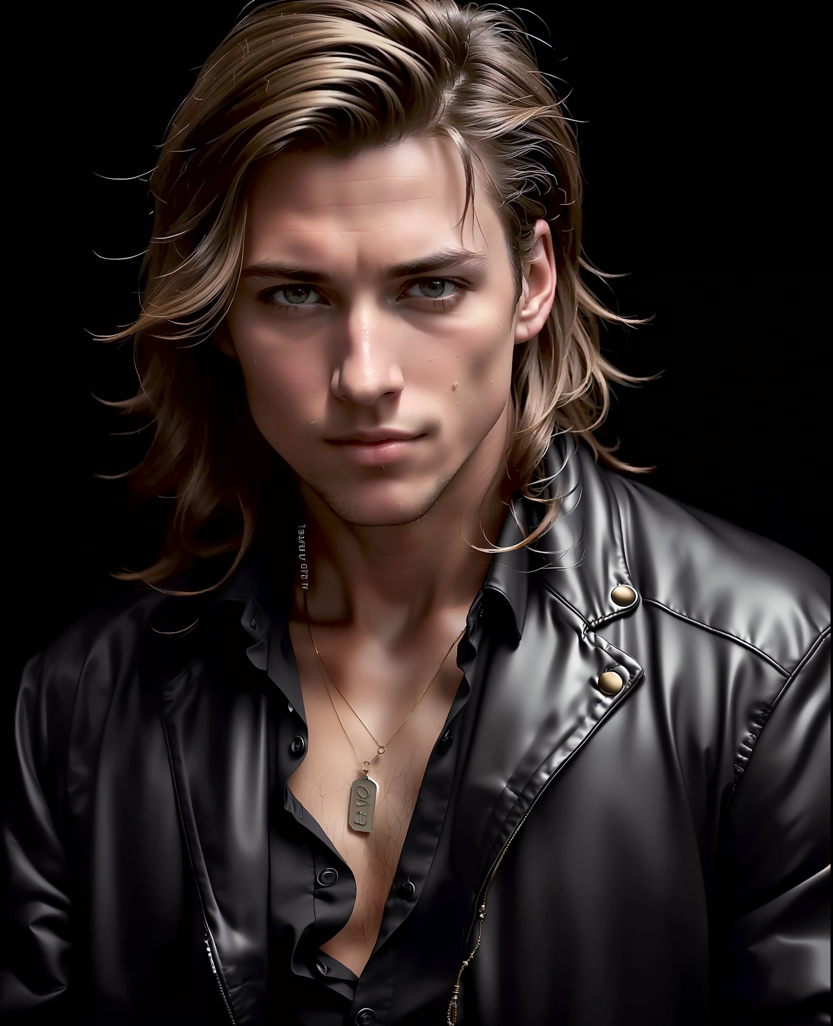 an award winning photograph of a (handsome man:1.1), detailed, trending on artstation,black suit, auburn, brown eyes, sporty body, messy hair, wet hair, light long hair, necklace,20 years old, male, extreme realistic, high quality, very detailed, dramatic lighting, digital art trends on Artstation 8k HD detailed realistic, detailed, skin texture, super detailed, realistic skin texture, armature, best quality, super high res, (fidelity: 1.4), high resolution, detailed, raw photo, sharp re, by lee jeffries nikon d850 film stock photograph 4 kodak portra 400 camera f1.6 lens rich colors hyper realistic lifelike texture dramatic lighting unrealengine trending on artstation cinestill 800