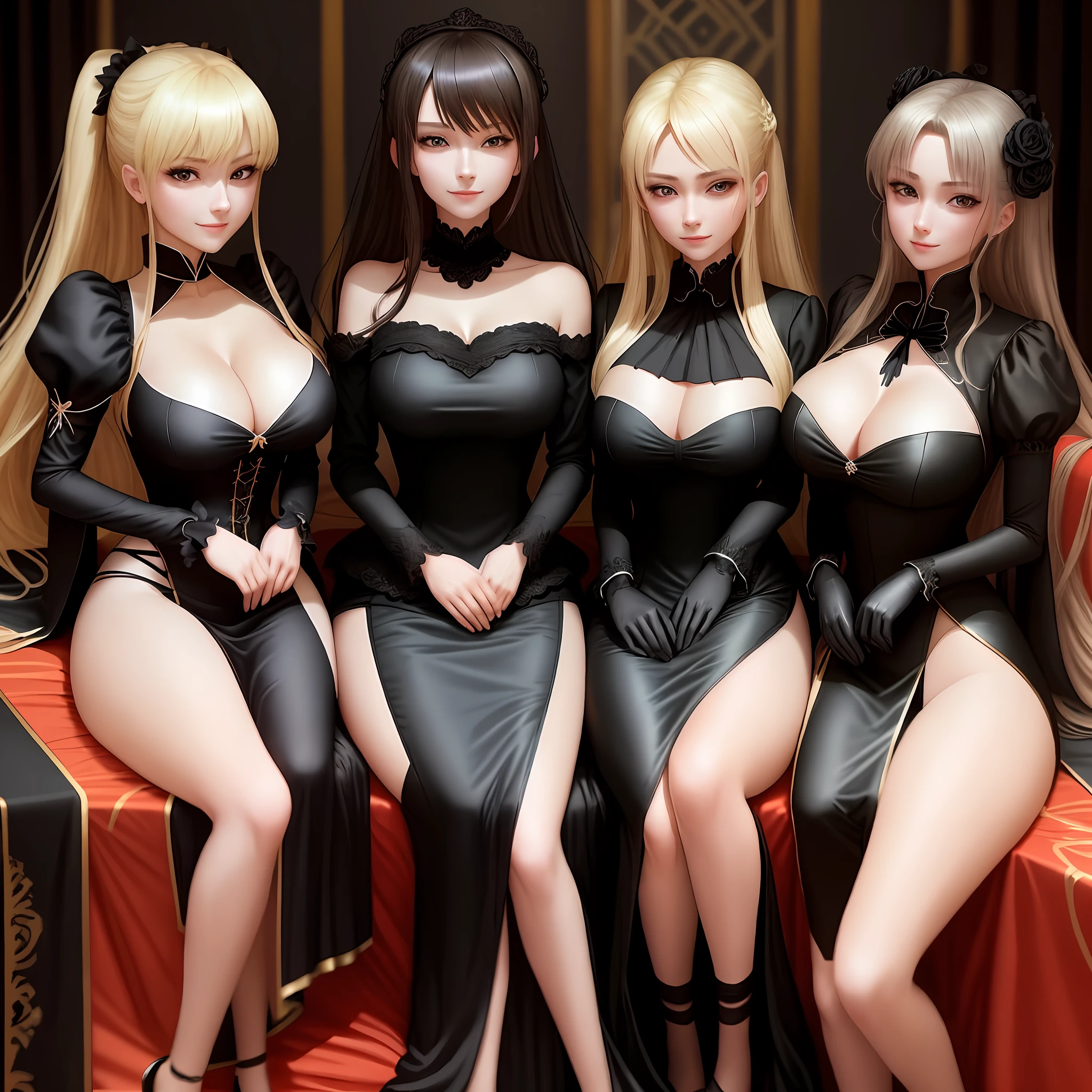 At least 3 girls, dressed as servants, black dresses, very sexy, on the bed, with blonde or brunette hair, seductive smile, seductive, big breasts, big ass, luxurious, beautiful, anime style, cute, all ready to serve you, head a bit tilted down, waiting for your orders, aluring,