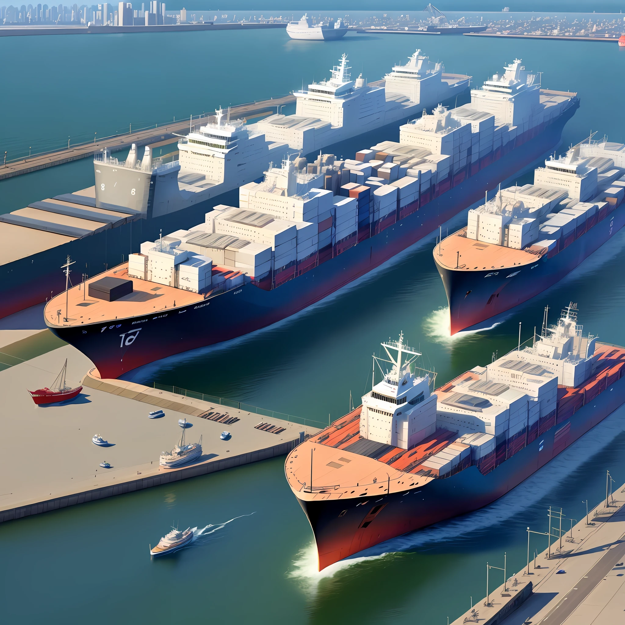 SLG Main City, port city, cargo ships moored and departing, sleek roofs, modern and mirrored buildings. 8k resolution, masterpiece, best quality.