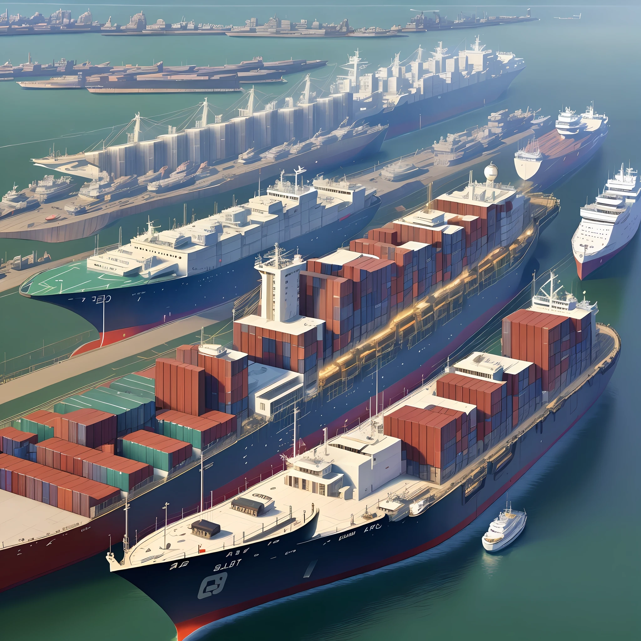 SLG Main City, port city, cargo ships moored and departing, sleek roofs, modern and mirrored buildings. 8k resolution, masterpiece, best quality.