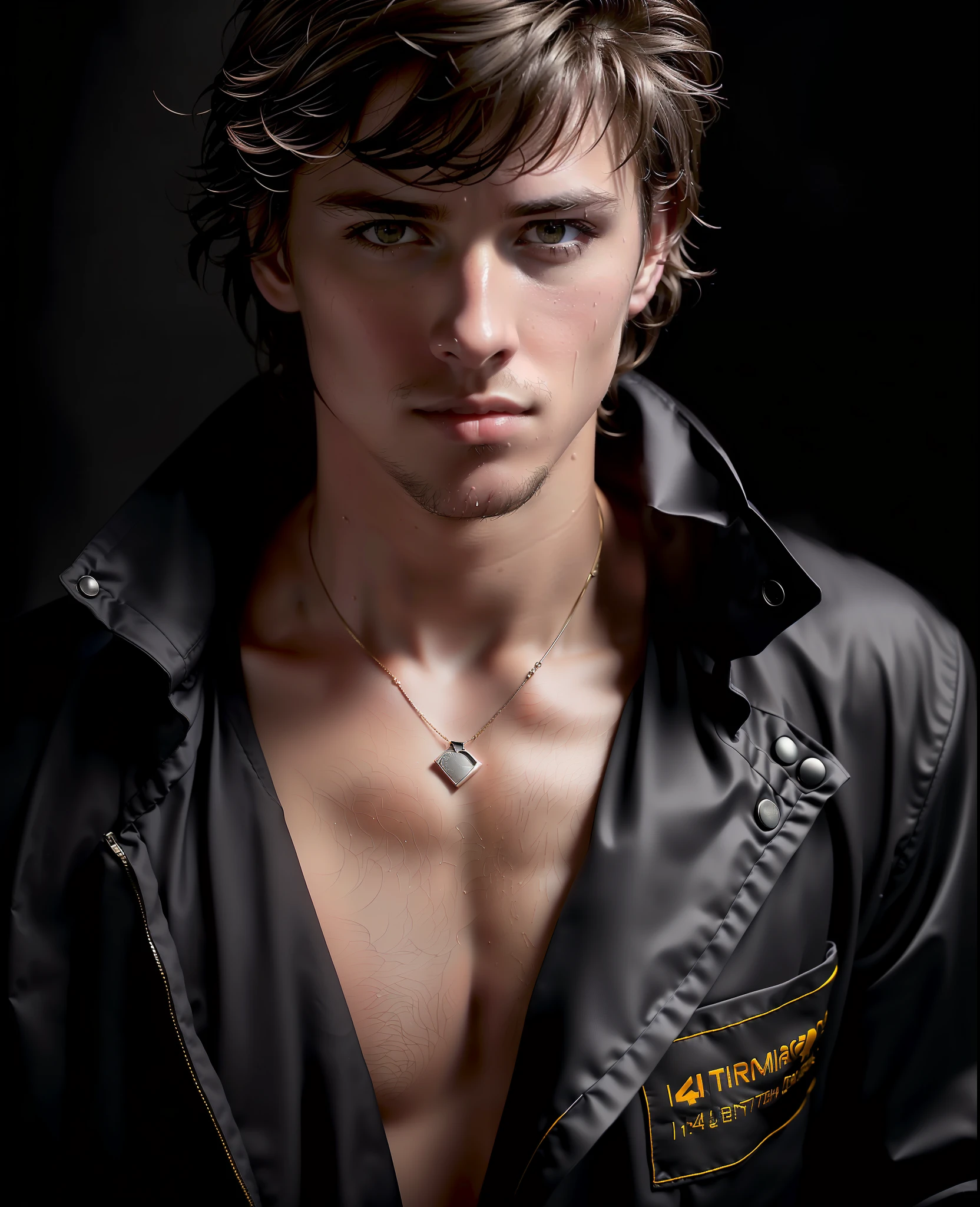 an award winning photograph of a (handsome man:1.1), detailed, trending on artstation,black suit, auburn, brown eyes, sporty body, messy hair, wet hair, light long hair, necklace,20 years old, male, extreme realistic, high quality, very detailed, dramatic lighting, digital art trends on Artstation 8k HD detailed realistic, detailed, skin texture, super detailed, realistic skin texture, armature, best quality, super high res, (fidelity: 1.4), high resolution, detailed, raw photo, sharp re, by lee jeffries nikon d850 film stock photograph 4 kodak portra 400 camera f1.6 lens rich colors hyper realistic lifelike texture dramatic lighting unrealengine trending on artstation cinestill 800, in bedroom