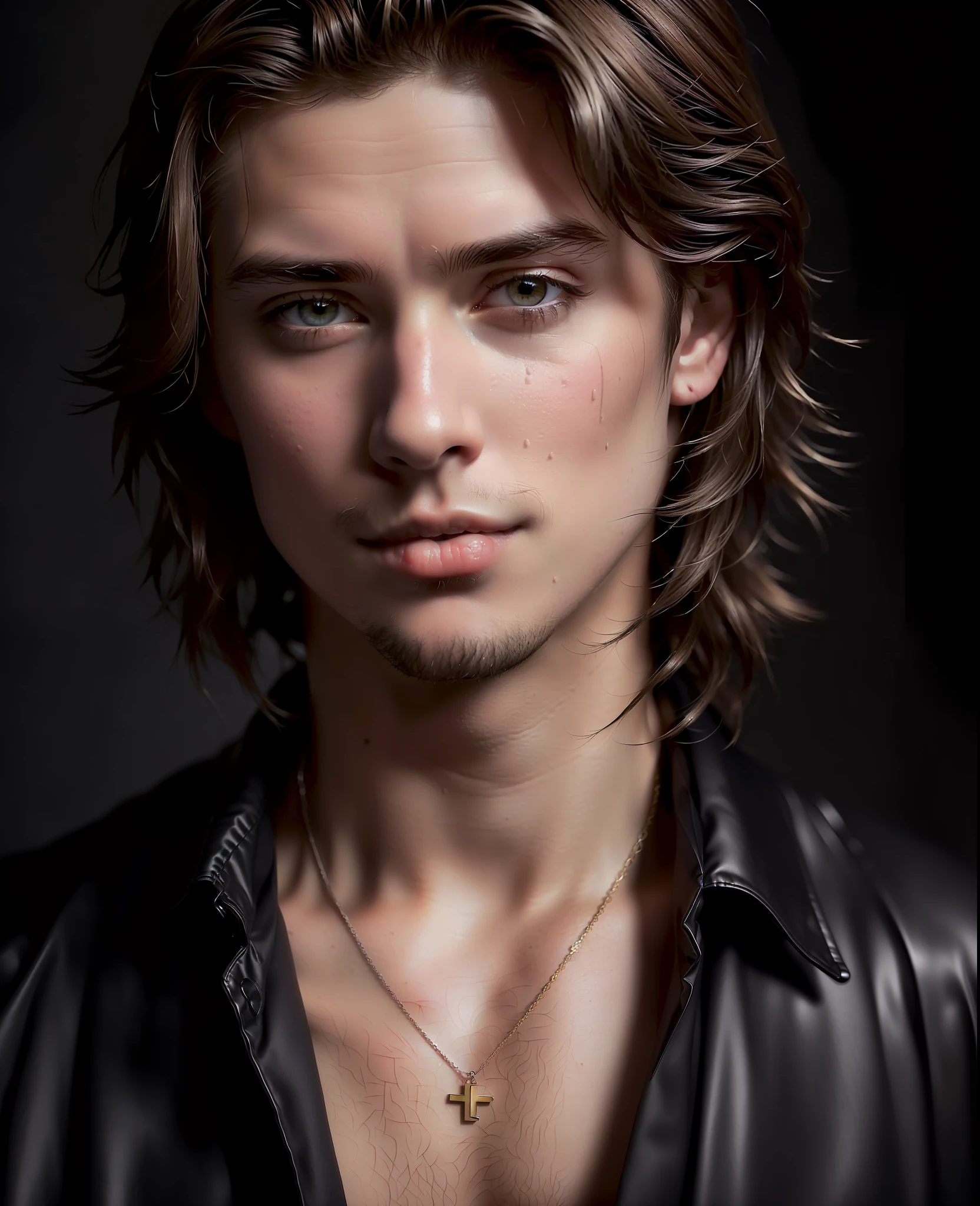 an award winning photograph of a (handsome man:1.1), detailed, trending on artstation,black suit, auburn, brown eyes, sporty body, messy hair, wet hair, light long hair, necklace,20 years old, male, extreme realistic, high quality, very detailed, dramatic lighting, digital art trends on Artstation 8k HD detailed realistic, detailed, skin texture, super detailed, realistic skin texture, armature, best quality, super high res, (fidelity: 1.4), high resolution, detailed, raw photo, sharp re, by lee jeffries nikon d850 film stock photograph 4 kodak portra 400 camera f1.6 lens rich colors hyper realistic lifelike texture dramatic lighting unrealengine trending on artstation cinestill 800, in room