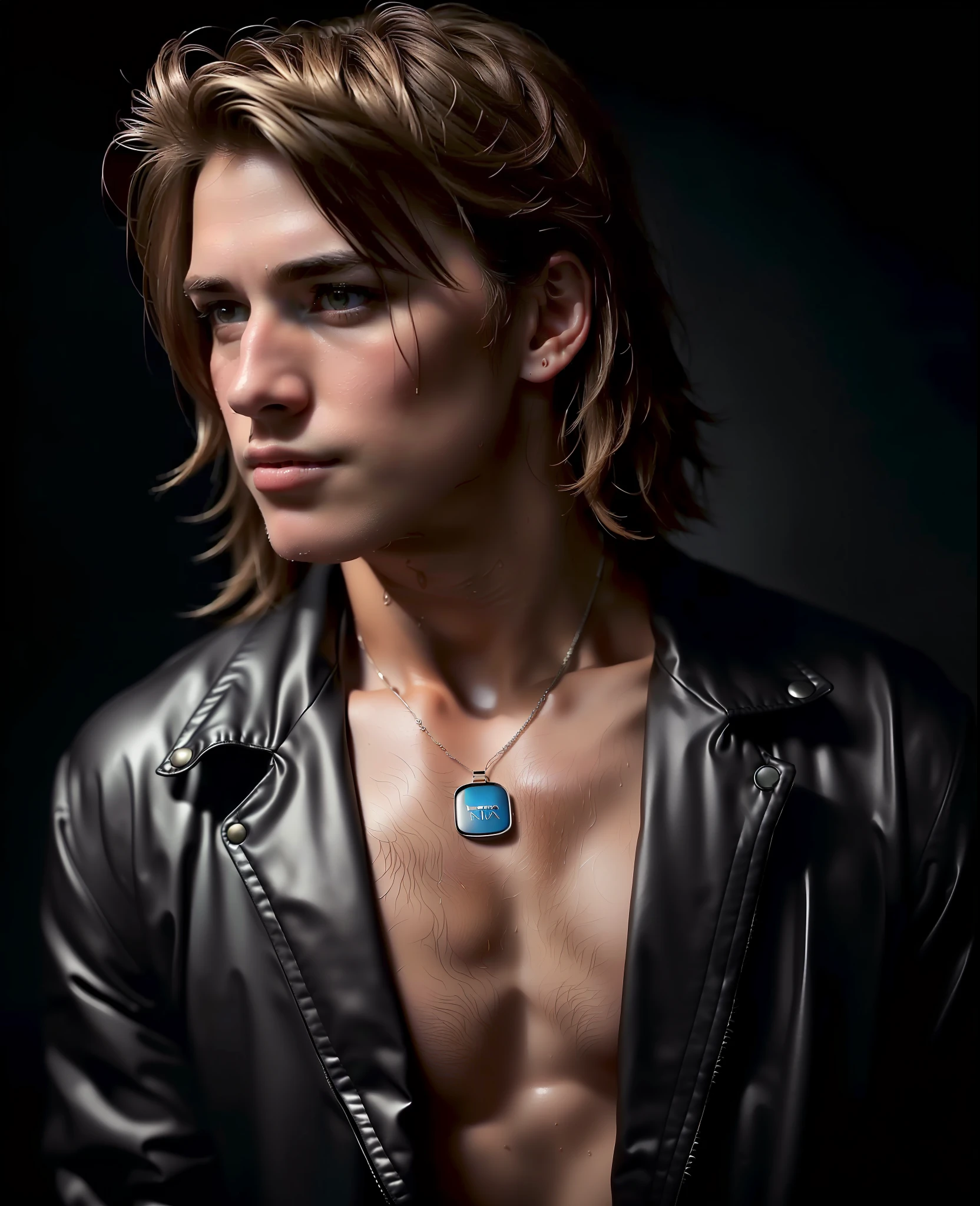 an award winning photograph of a (handsome man:1.1), detailed, trending on artstation,black suit, auburn,in bedroom, brown eyes, sporty body, messy hair, wet hair, light long hair, necklace,20 years old, male, extreme realistic, high quality, very detailed, dramatic lighting, digital art trends on Artstation 8k HD detailed realistic, detailed, skin texture, super detailed, realistic skin texture, armature, best quality, super high res, (fidelity: 1.4), high resolution, detailed, raw photo, sharp re, by lee jeffries nikon d850 film stock photograph 4 kodak portra 400 camera f1.6 lens rich colors hyper realistic lifelike texture dramatic lighting unrealengine trending on artstation cinestill 800, in room