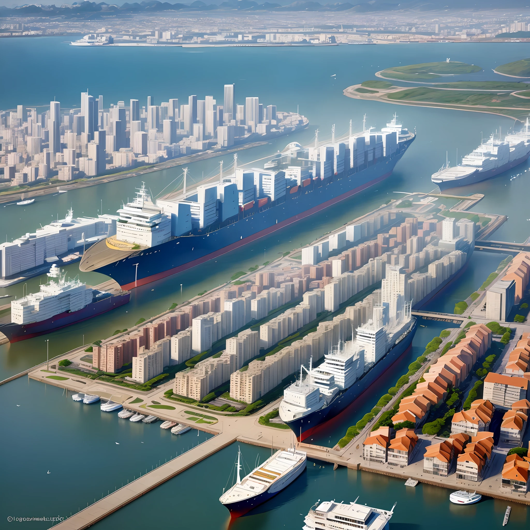 SLG Main City, port city, cargo ships moored and departing, sleek roofs, modern and mirrored buildings. 8k resolution, masterpiece, best quality, vista de um bairro residencial, pontes elegantes ao fundo da exuberante paisagem.