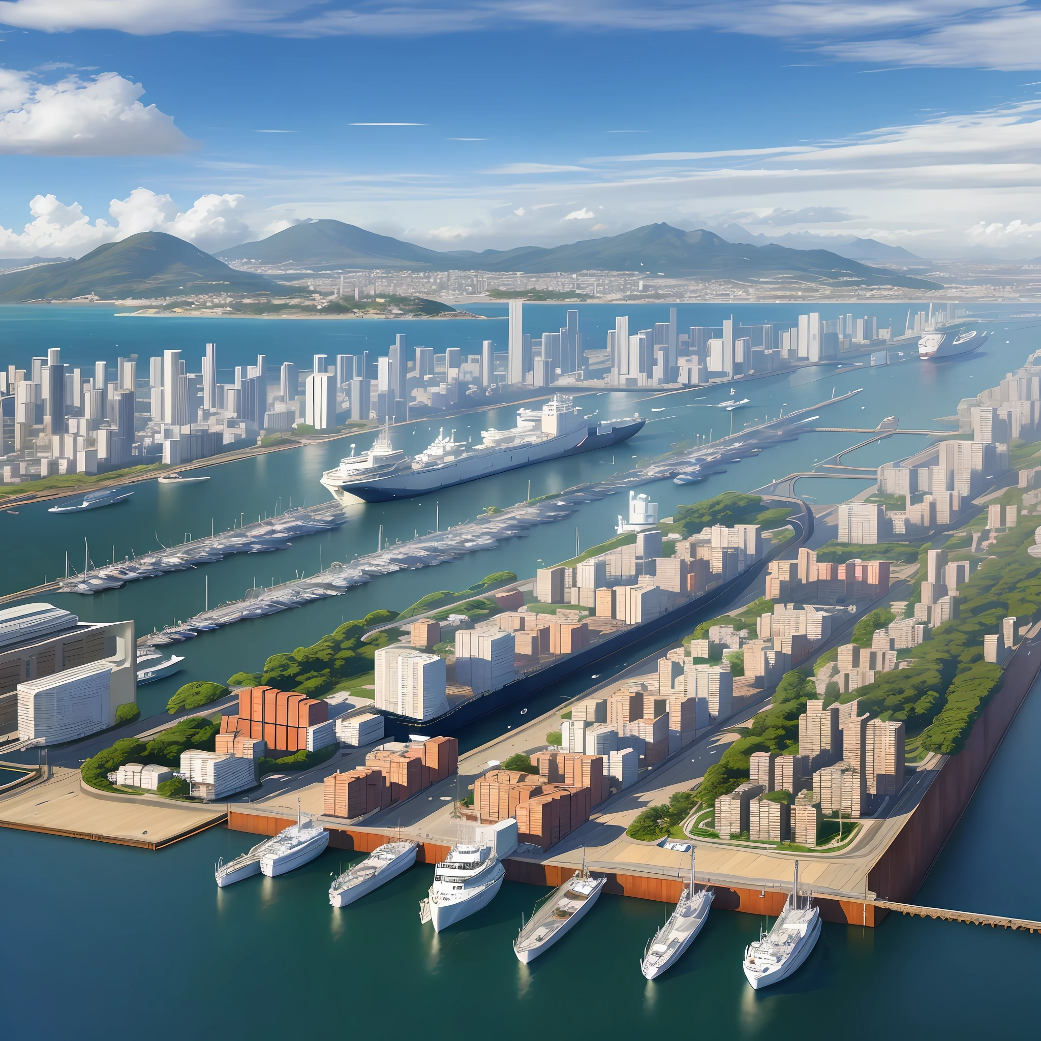 SLG Main City, port city, cargo ships moored and departing, sleek roofs, modern and mirrored buildings. 8k resolution, masterpiece, best quality, vista de um bairro residencial, pontes elegantes ao fundo da exuberante paisagem.
