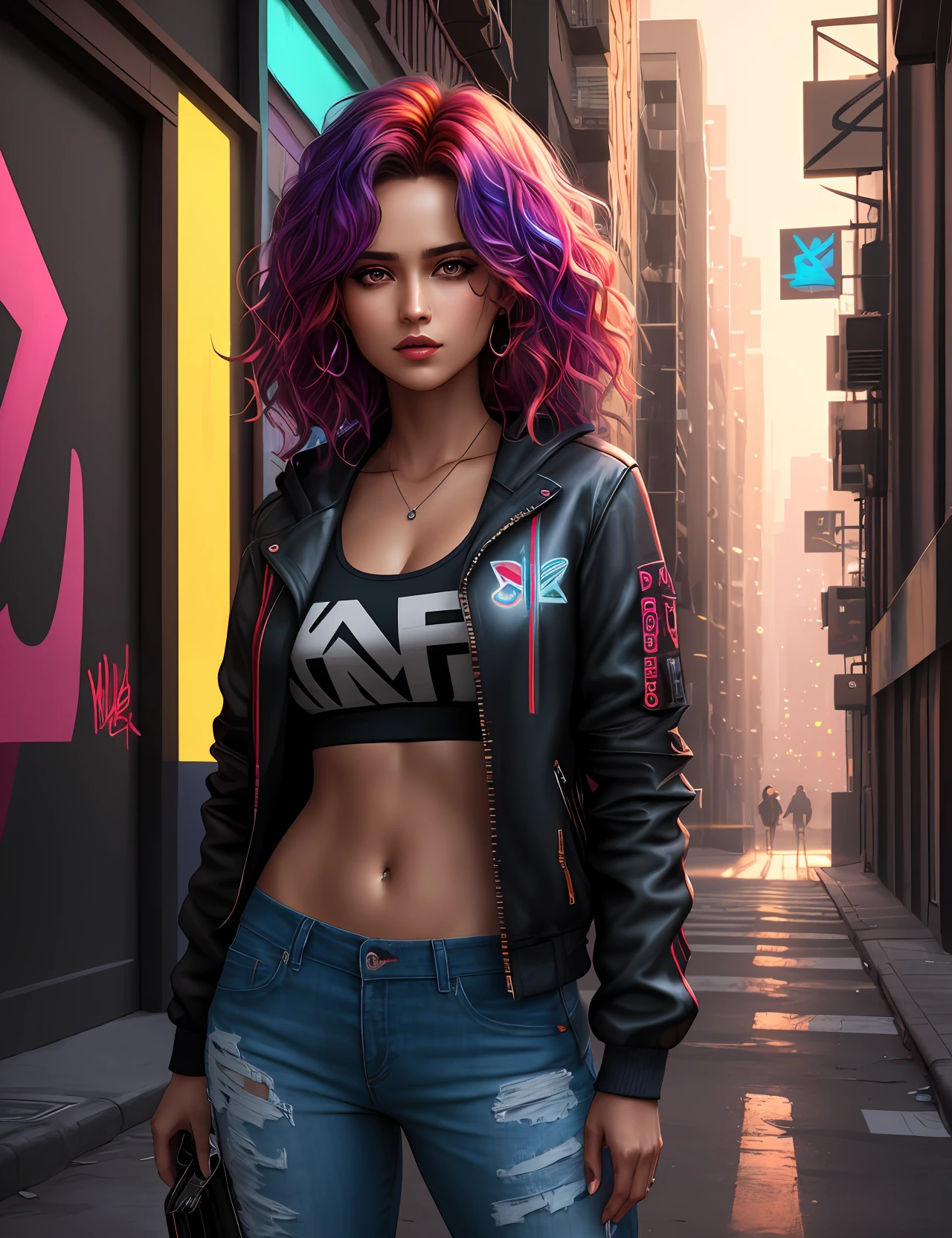 (extremely detailed CG unity 8k wallpaper, urban artwork of graffiti light brushstrokes, amazing artist, best quality),(best illumination, best shadow, an urban and memorable theme) [(((1woman)), stunning and bold, dark and messy hair, expressive eyes, delicate face, dark colored clothing with worn pants).]