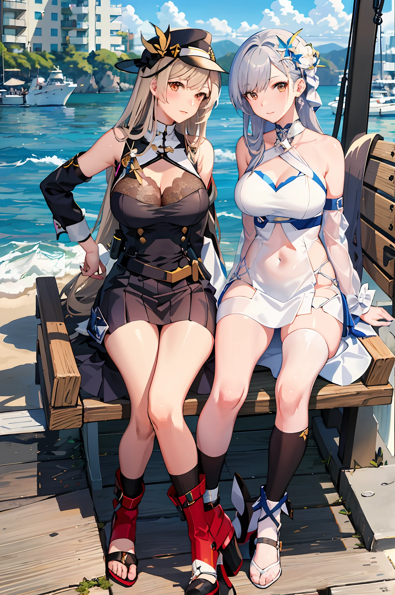 two women sitting on a bench near the water with hats on, azur lane style, characters from azur lane, wlop and sakimichan, kantai collection style, from the azur lane videogame, from girls frontline, fine details. girls frontline, girls frontline style, nixeu and sakimichan, sakimichan and frank franzzeta