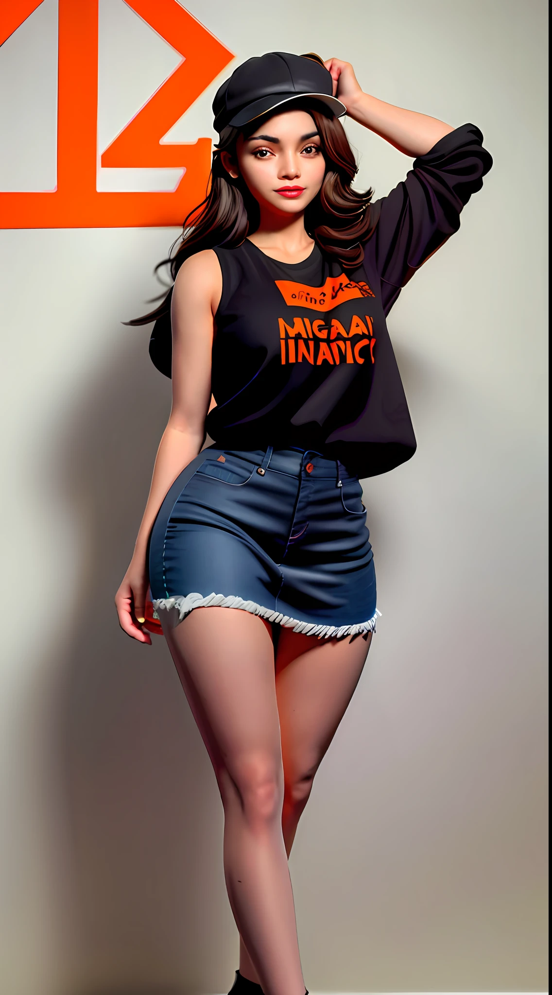 Best quality, realistic, award-winning illustration, (complicated detail: 1.2), (fine detail), (complicated detail), (cinematic lights, best quality), sharp lines, sharp focus, official art, 16k, A beautiful woman smiling, perfect face, (detailed face: 1.2), (medium soft black hair), (messy hair), wearing lipstick, (medium body: 1.3), wearing black and orange cap, splash graphite background, splash dulce de leche, (holding a can of candy: 1.3), a beautiful young boss, wearing black apron with orange, wearing jeans, character design by Tibor Czorba, winner of the contest behance, les nabis, behance hd, studio photography, 16k, white background.