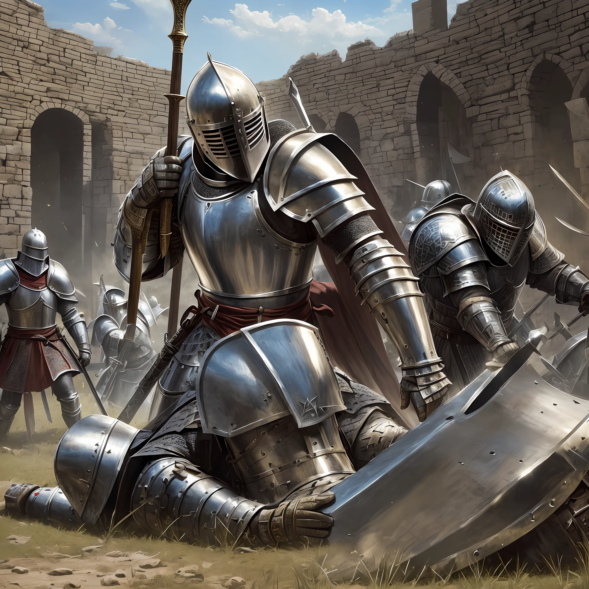 There is a man in armor ,fallen warrior on the ground, medieval battle, epic battle scene, knights in battle, epic biblical depiction, death is swallowed up in victory, medieval holy crusader knight, epic battle scene, holy crusader medieval knight, teutonic knight, holy crusader medieval, standing over a fallen foe, ultra brightness, cinematic lighting