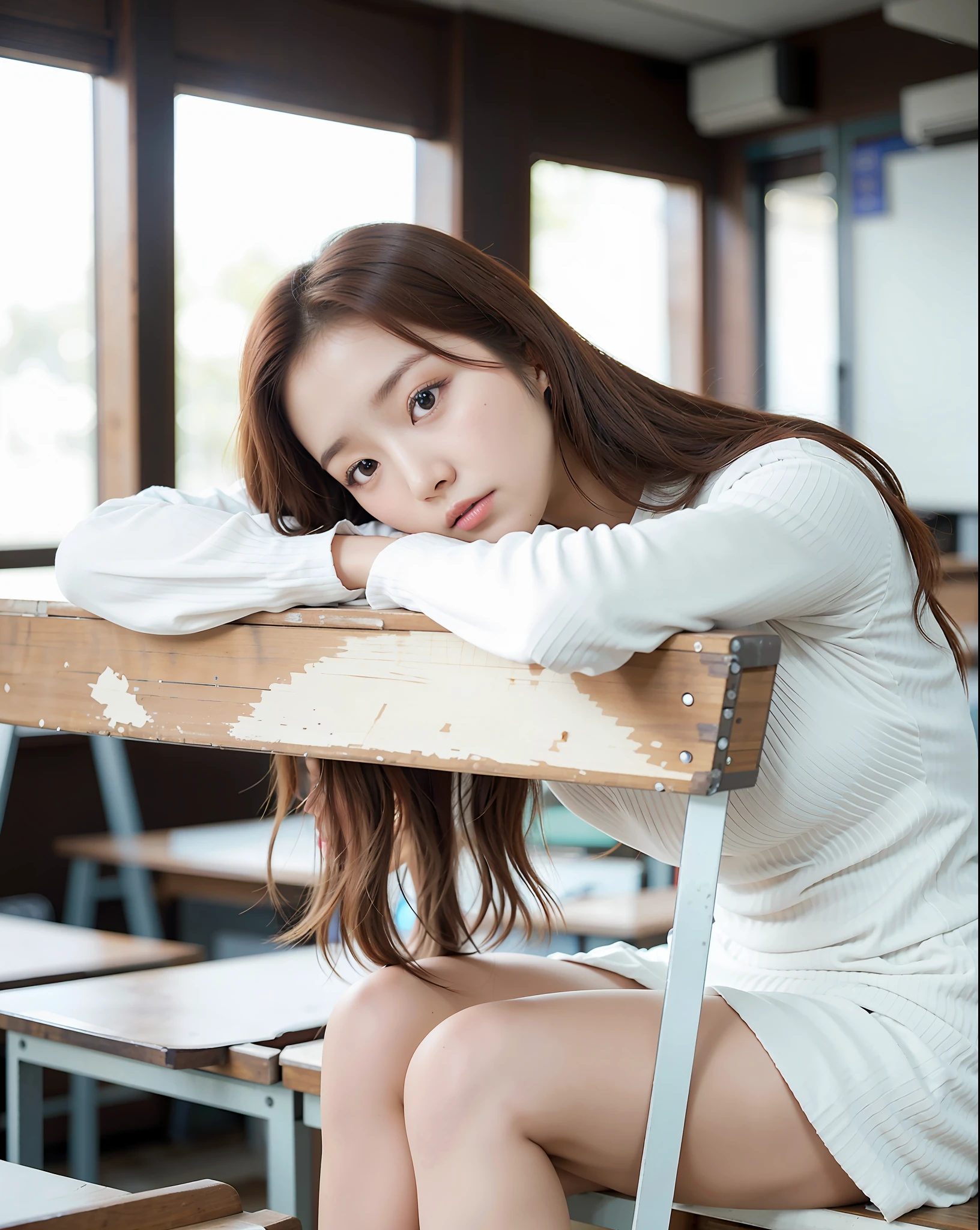 arafed woman sitting on a wooden bench in a classroom, korean girl, beautiful south korean woman, beautiful young korean woman, korean woman, sitting on a table, gorgeous young korean woman, a young asian woman, beautiful lonely girl, asian girl with long hair, young asian girl, cute korean actress, heonhwa choe, jossi of blackpink, cleavage, big tits,