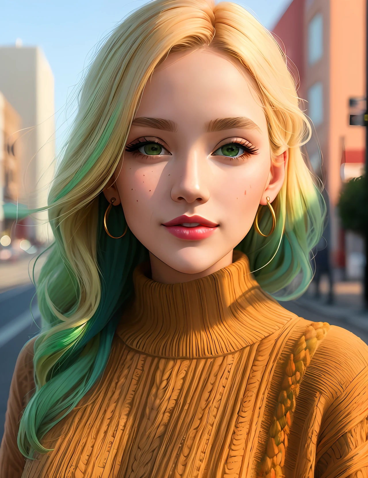 ((masterpiece, artwork, graffiti, soft)), street art, ((a woman's face wall), detailed), (colors, very detailed),(a woman:0.9|a close-up of a woman's face:0.85),(brown|blonde:1.2|green:1.1) hair, ((soft smile:1.1)|painted lips),(dress:0.9|knitting sweater)+street, sunset, shadow fundamentals, with natural light, brightness, easy to imagine*angstrom