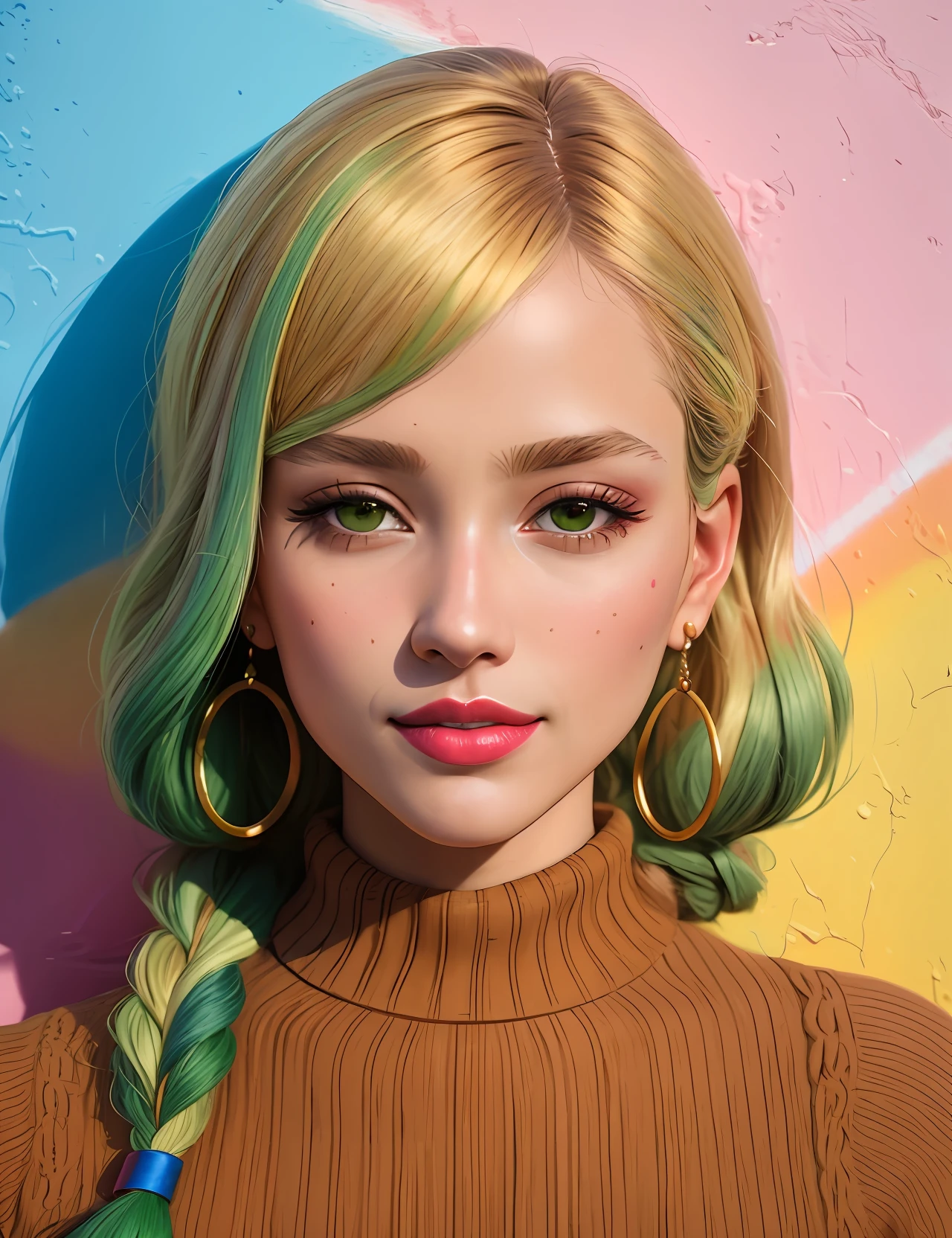 ((masterpiece, artwork, graffiti, soft)), street art, ((a woman's face wall), detailed), (colors, very detailed),(a woman:0.9|a close-up of a woman's face:0.85),(brown|blonde:1.2|green:1.1) hair, ((soft smile:1.1)|painted lips),(dress:0.9|knitting sweater)+street, sunset, shadow fundamentals, with natural light, brightness, easy to imagine*angstrom