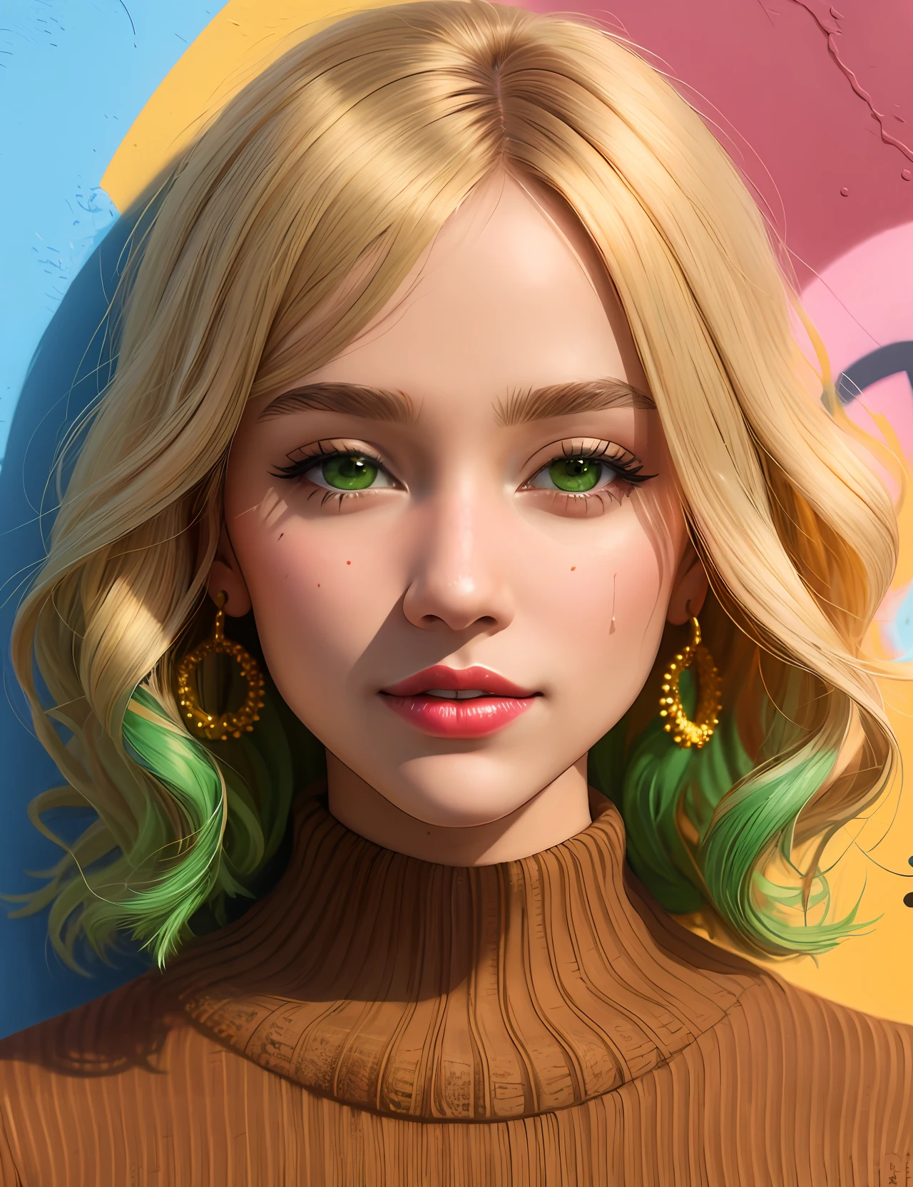 ((masterpiece, artwork, graffiti, soft)), street art, ((a woman's face wall), detailed), (colors, very detailed),(a woman:0.9|a close-up of a woman's face:0.85),(brown|blonde:1.2|green:1.1) hair, ((soft smile:1.1)|painted lips),(dress:0.9|knitting sweater)+street, sunset, shadow fundamentals, with natural light, brightness, easy to imagine*angstrom