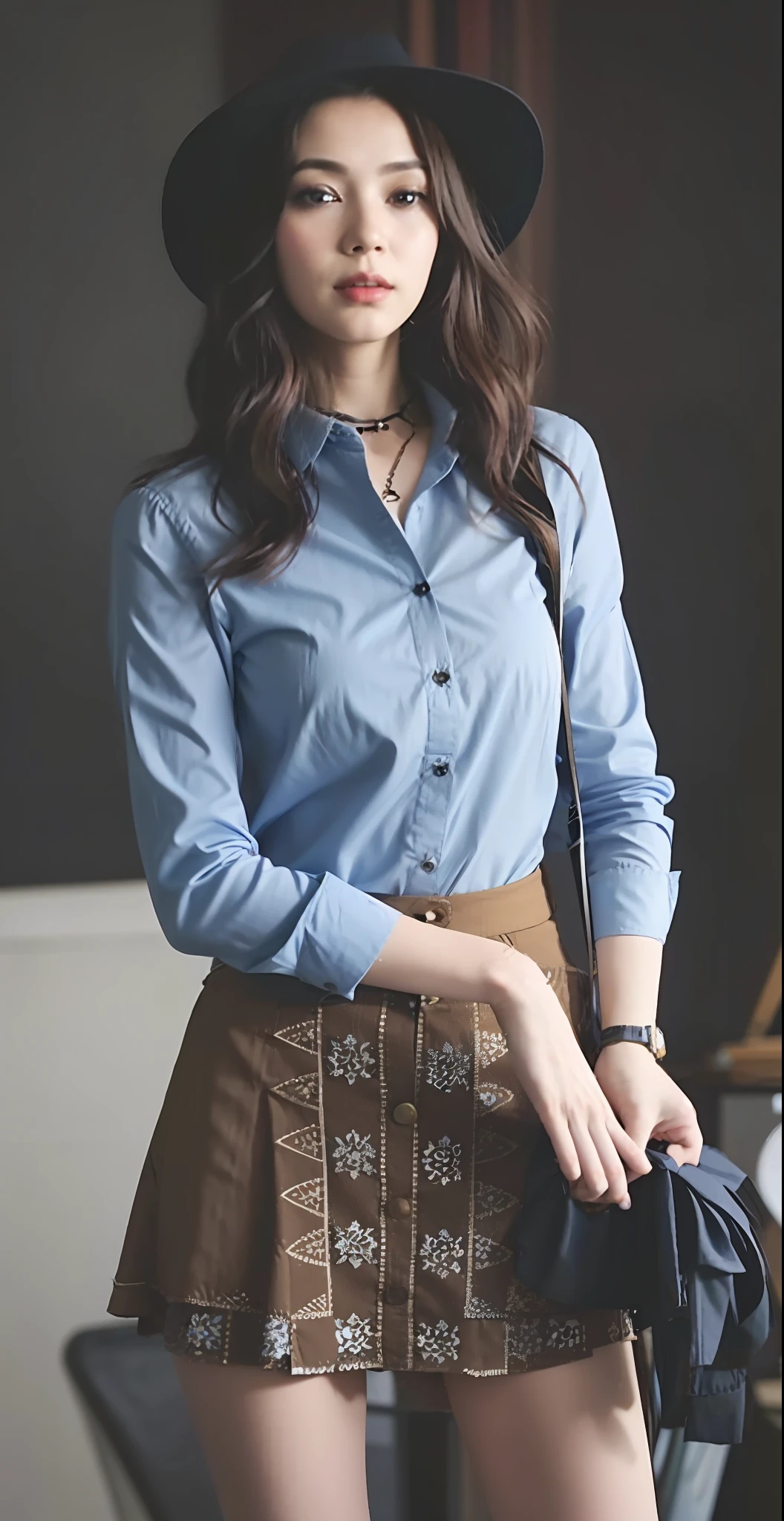 arafed image of a woman in a blue shirt and brown skirt, blue shirt, wearing a light blue shirt, wearing a blouse, casual clothing style, blue outfit, button - up shirt, blue clothes, dark blue shirt, button up shirt, kawaii shirt and jeans, collared shirt, modern casual clothing, wearing in shirt, wearing casual clothing, cleavage, big tits,