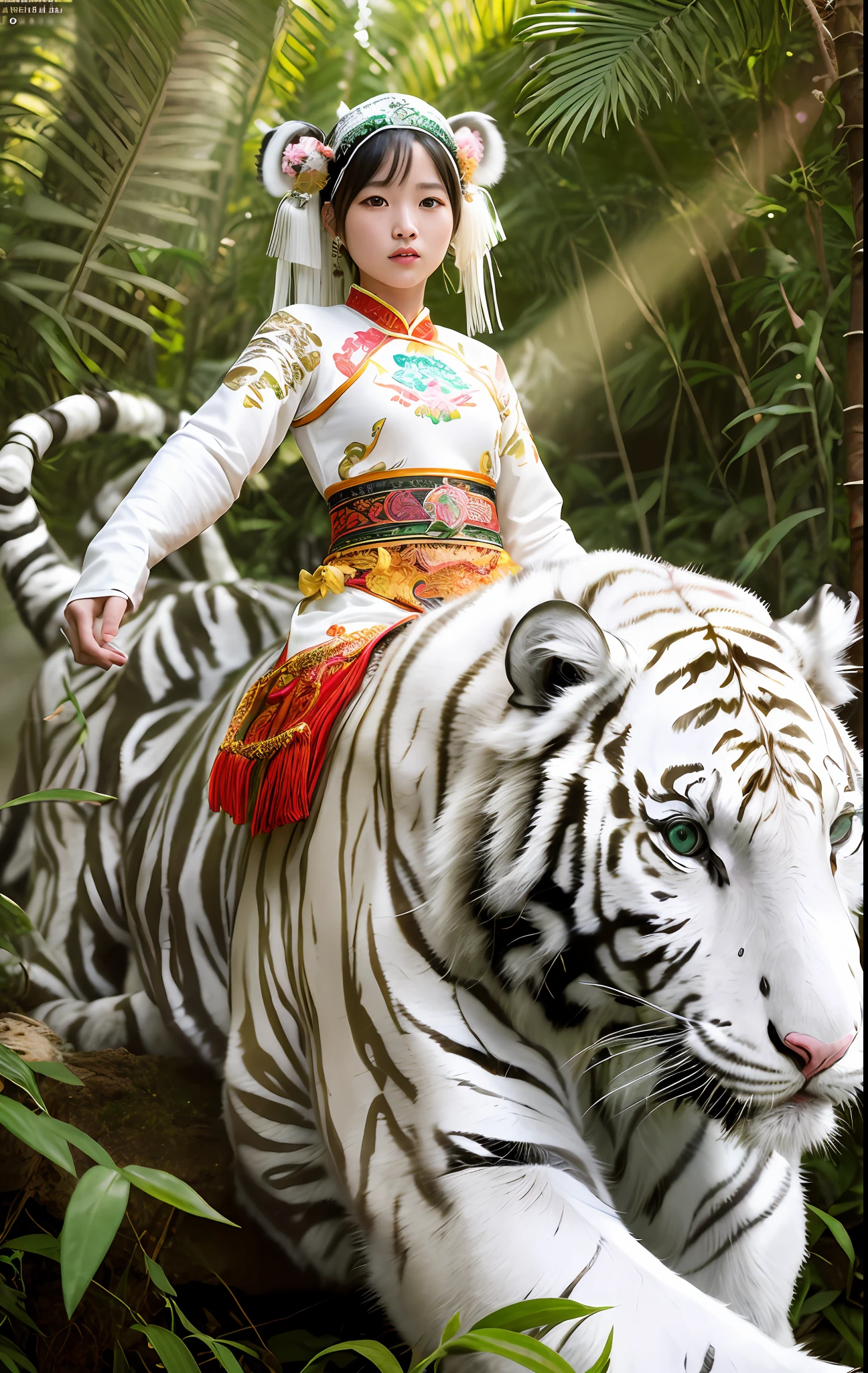((HD photo)),ultra realistic,(masterpiece, 8k uhd, HDR, extreme detailed, intricate details, best quality, professional, vivid colors),((1girl wearing costume and riding on a a white tiger in Jungle:1.5)),Reins,(Traditional headwear:1.5),(soft lighting:1.3),(Professional Portrait Photography:1.2),(photo-realistic-detailed:1.5),((Jungle scape)),looking at viewer,dutch angle,absurdres:1.2, Kodak portra 400, film grain, blurry background, bokeh:1.2, lens flare, (vibrant color:1), (pureerosface_v1:0.5), ,(((Chinese Miao clothing style:1)))
