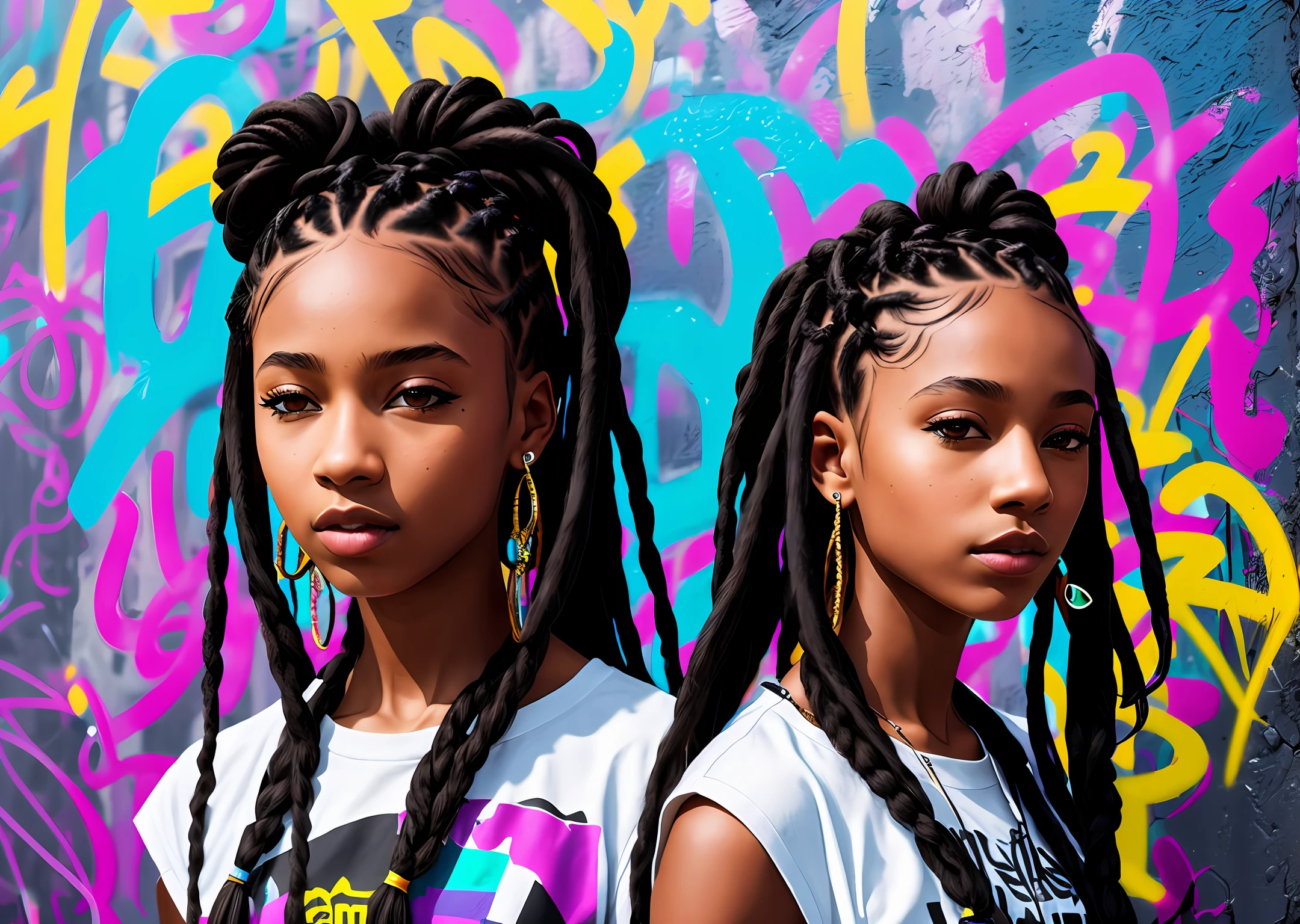 girl with braids, girl with dreadlocks, hip hop style, cypher dance, big city, graffiti wall on background, ultra realistic, UHD, 16k, natural lights, masterpiece