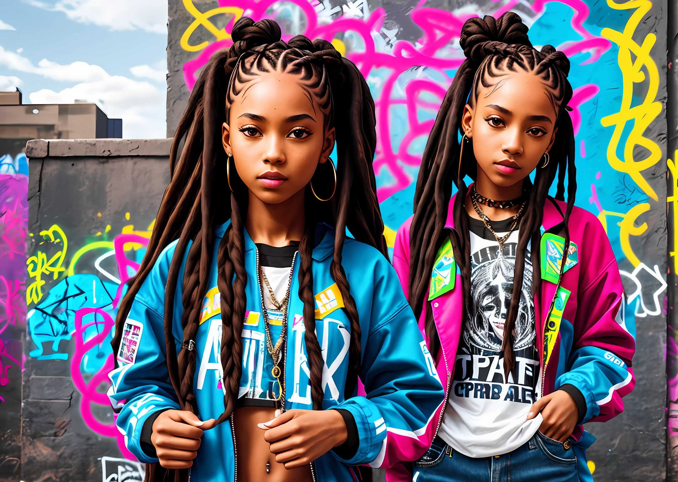 girl with braids, girl with dreadlocks, hip hop style, cypher dance, big city, graffiti wall on background, ultra realistic, UHD, 16k, natural lights, masterpiece