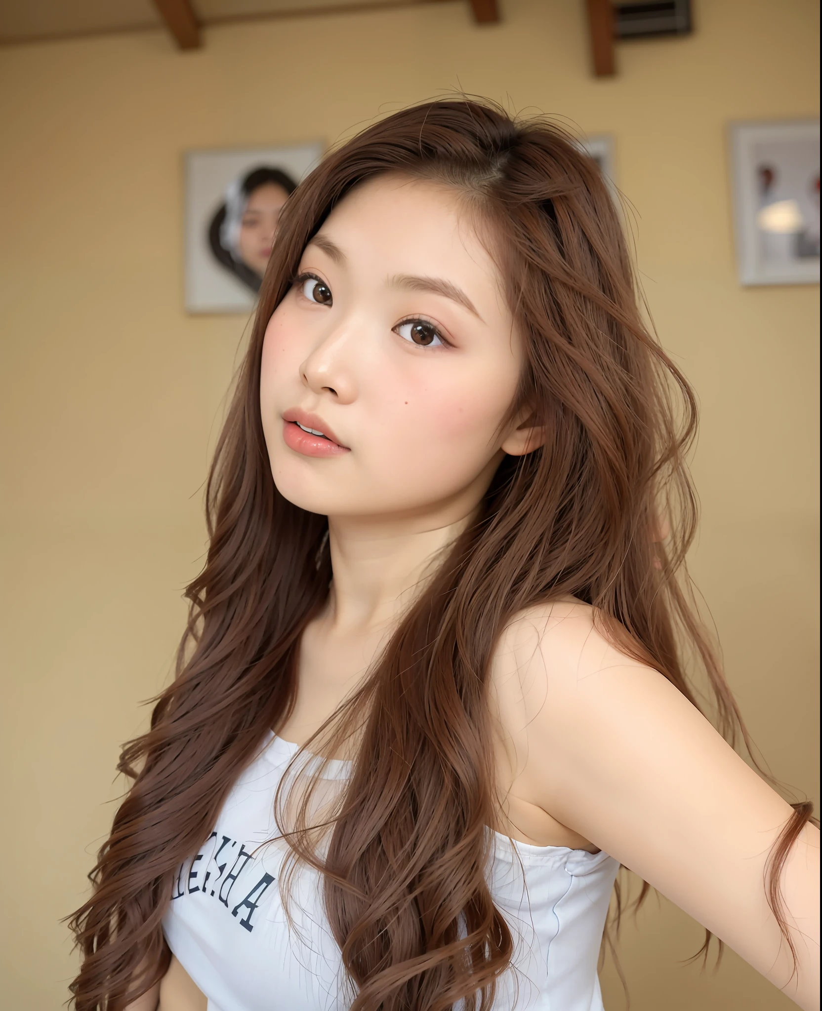 araffe woman with long brown hair posing for a picture, asian girl with long hair, cindy avelino, beautiful asian girl, anime thai girl, a young asian woman, young and cute girl, 18 years old, young asian girl, with long hair, young cute wan asian face, an asian woman, asian girl, nivanh chanthara, cleavage, big tits, big round tits