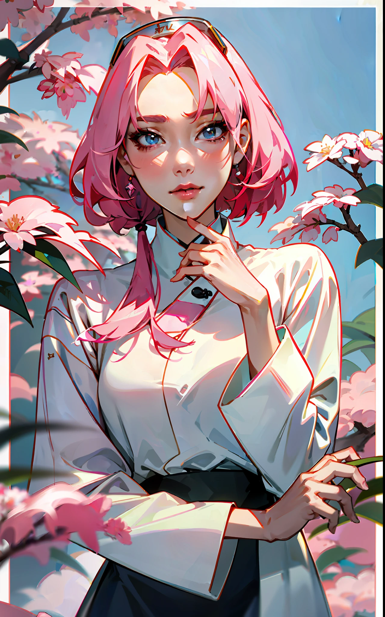 Sakura, in white shirt posing with her hand on her chin, photo of slim girl model, korean women's fashion model, beautiful south korean woman, korean woman, pink hair, beautiful young korean woman, beautiful young korean woman, wenfei ye, xintong chen, lovely young korean face, korean girl, by xia yong, korean face features, korean symmetrical face