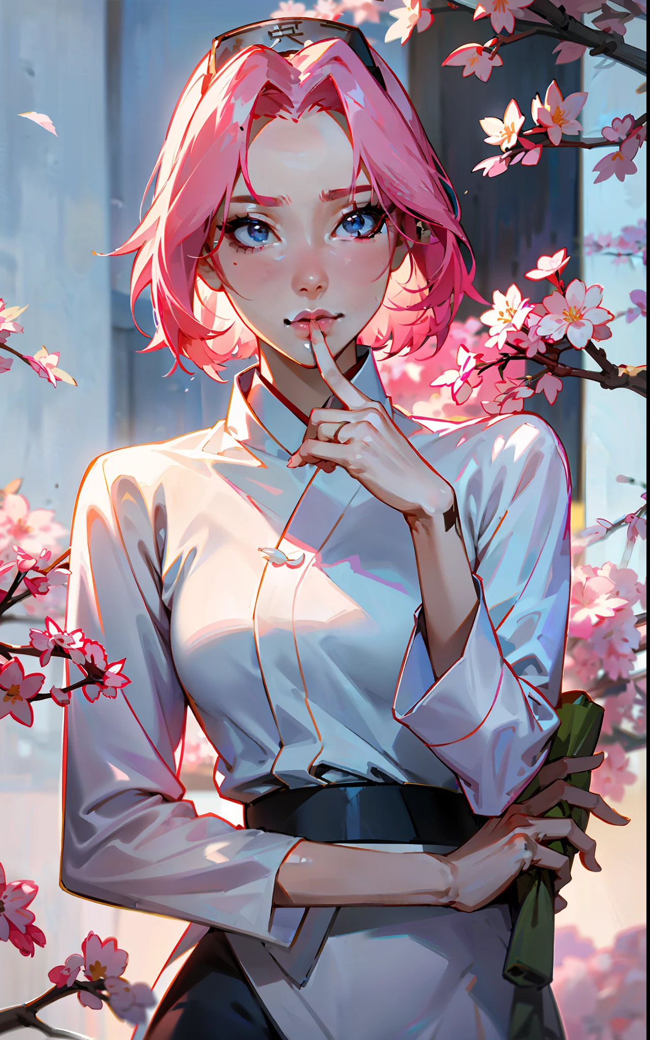 Sakura, in white shirt posing with her hand on her chin, photo of slim girl model, korean women's fashion model, beautiful south korean woman, korean woman, pink hair, beautiful young korean woman, beautiful young korean woman, wenfei ye, xintong chen, lovely young korean face, korean girl, by xia yong, korean face features, korean symmetrical face