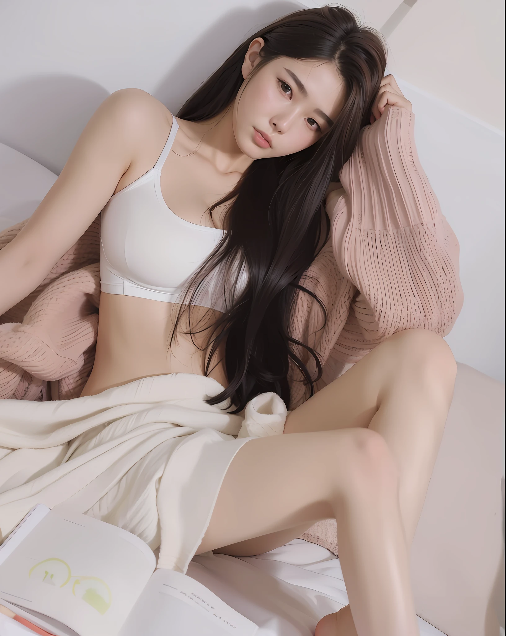 araffe woman in white underwear laying on a bed with a book, gorgeous young korean woman, korean girl, beautiful south korean woman, beautiful young korean woman, photo of slim girl model, sexy girl, smooth white tight clothes suit, beautiful asian girl, korean women's fashion model, gorgeous chinese model, good young girl, dilraba dilmurat, cleavage, big tits, big round tits