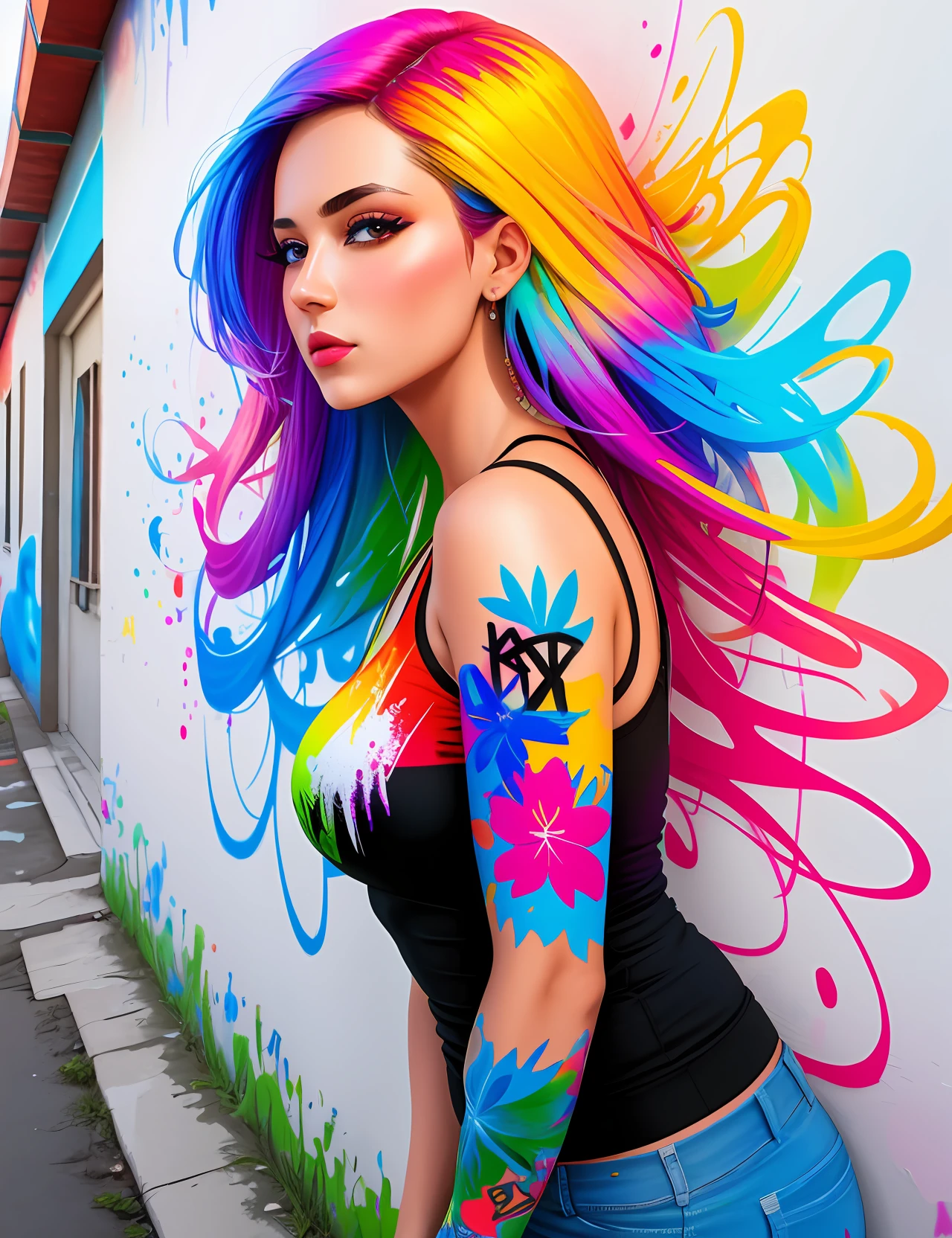 Graffiti painting, street art, 8k wallpaper extremely detailed CG unit, 8k landscape, artwork, masterpiece, best quality, amazing light brush strokes, of a woman in graffiti style on a white wall with vibrant colors.