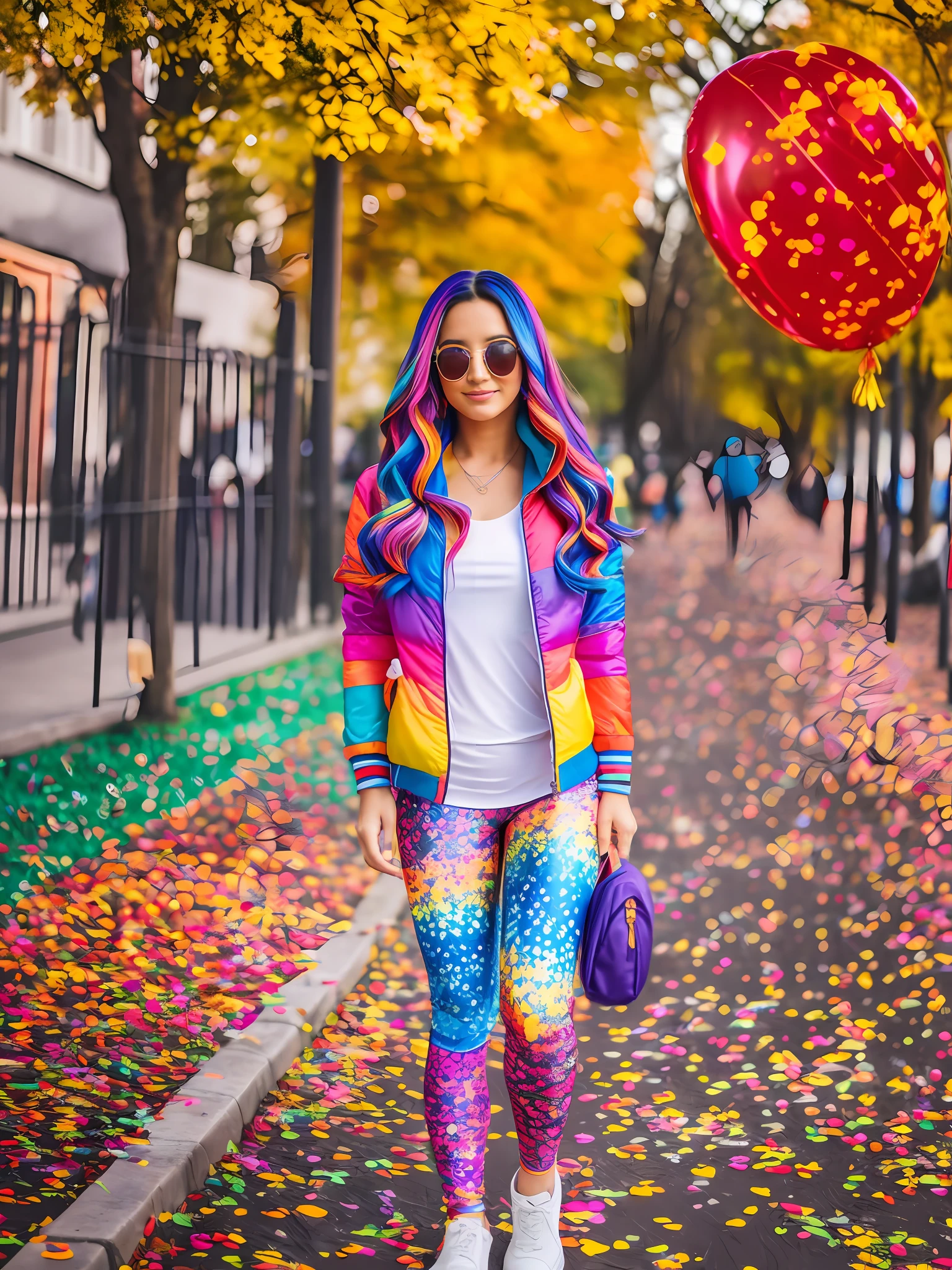 colorful photo of 30 y.o most beautiful woman in colorful clothes - colorful jacket, colorful leggings, with colorful ballons, long hair, face, full body, body, high detailed skin, skin pores, playground, sunshine weather, kids in the background, 8k uhd, dslr, soft lighting, high quality, film grain, Fujifilm XT3