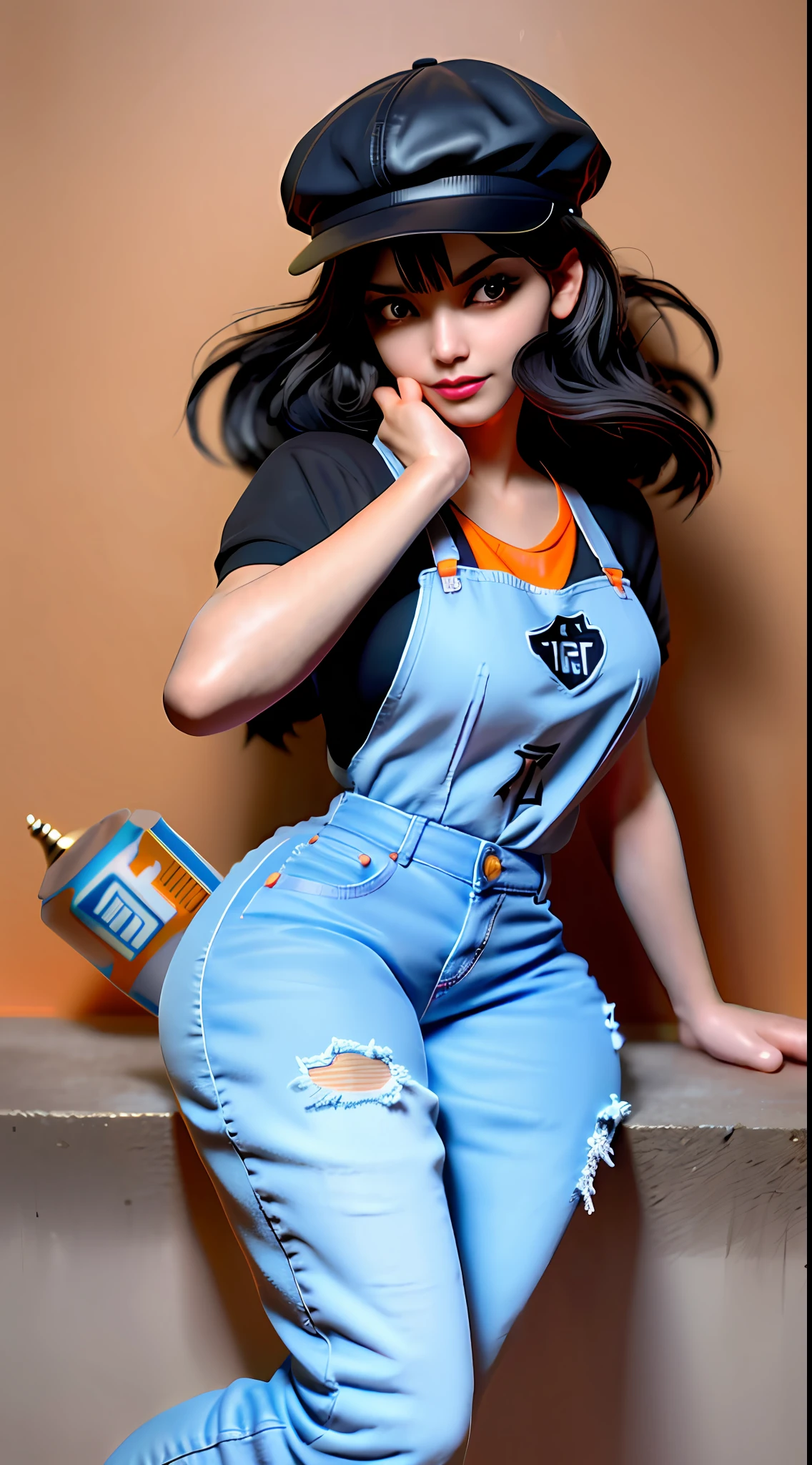 Best quality, realistic, award-winning illustration, (complicated detail: 1.2), (fine detail), (complicated detail), (cinematic lights, best quality), sharp lines, sharp focus, official art, 16k, A beautiful woman smiling, perfect face, (detailed face: 1.2), (medium soft black hair), (messy hair), wearing lipstick, (medium body: 1.3), wearing black and orange cap, splash graphite background, splash dulce de leche, (holding a can of candy: 1.3), a beautiful young boss, wearing black apron with orange, ((wearing jeans)), character design by Tibor Czorba, winner of the contest behance, les nabis, behance hd, studio photography, 16k, white background.