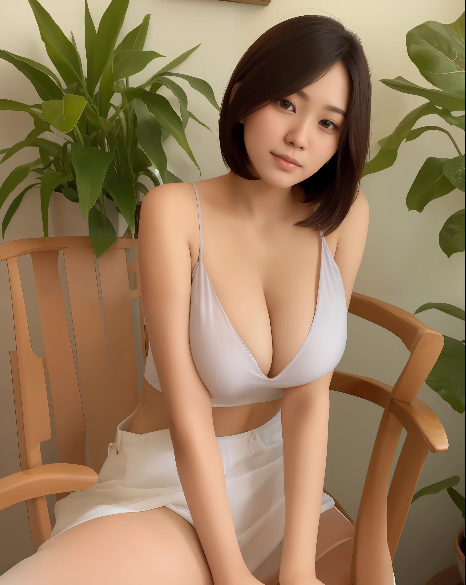 there is a woman sitting on a chair with a plant in the background, cindy avelino, dilraba dilmurat, with short hair, a young asian woman, mai anh tran, gorgeous young korean woman, 2 , 2 8 years oldage, xintong chen, beautiful young korean woman, 2 9 years old, cleavage,big round tits