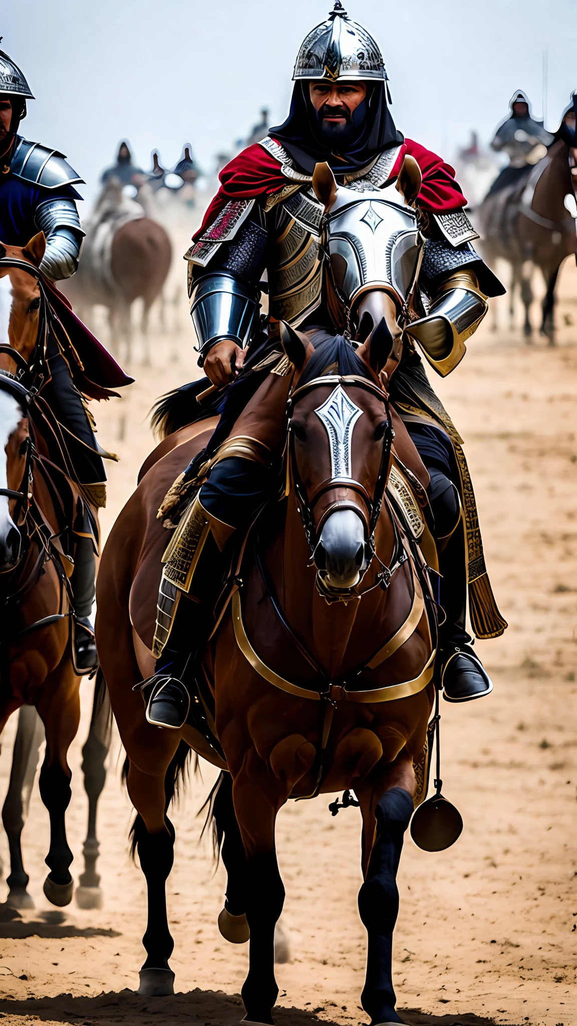 Man dressed in armor on horseback with several people around to distribute food and shelter to those in need)