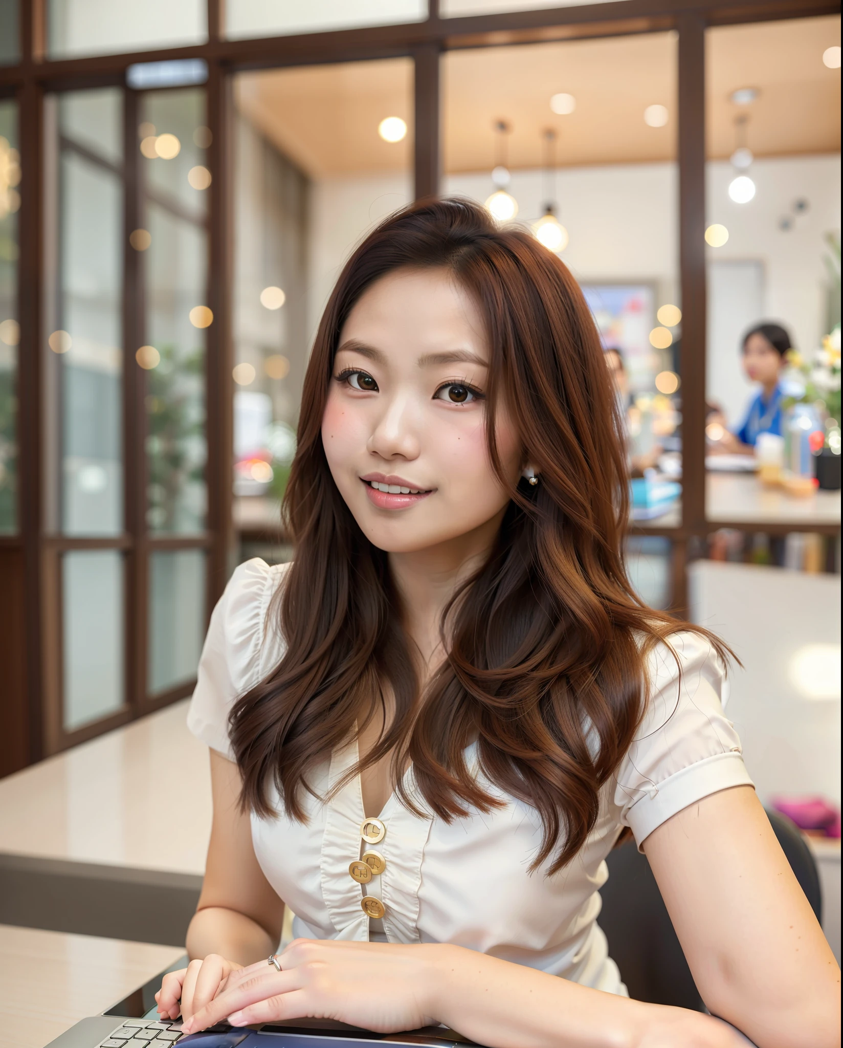 there is a woman sitting at a table with a laptop, nivanh chanthara, cindy avelino, ruan cute vtuber, mai anh tran, anime thai girl, dang my linh, a young asian woman, in style of lam manh, 2 7 years old, headshot profile picture, handsome girl, with long hair, detail lips, cleavage, round bust