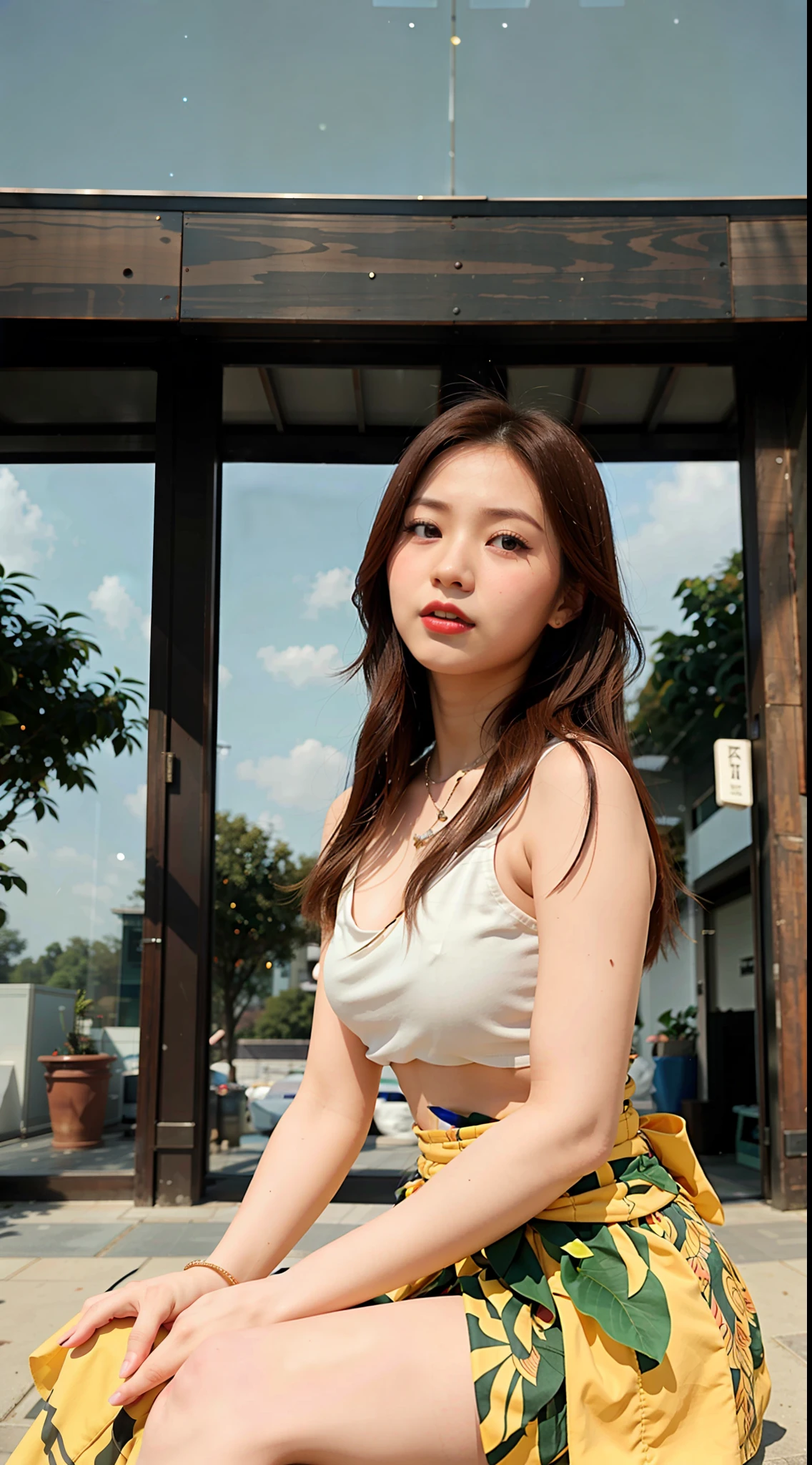 araffe woman sitting on a ledge in a white top and yellow skirt, asian girl, xintong chen, anime thai girl, nivanh chanthara, young and cute girl, korean girl, profile pic, 18 years old, beautiful asian girl, lovely woman, wenfei ye, chinese girl, sakimi chan, 21 years old, cleavage, round breasts, thin red lips