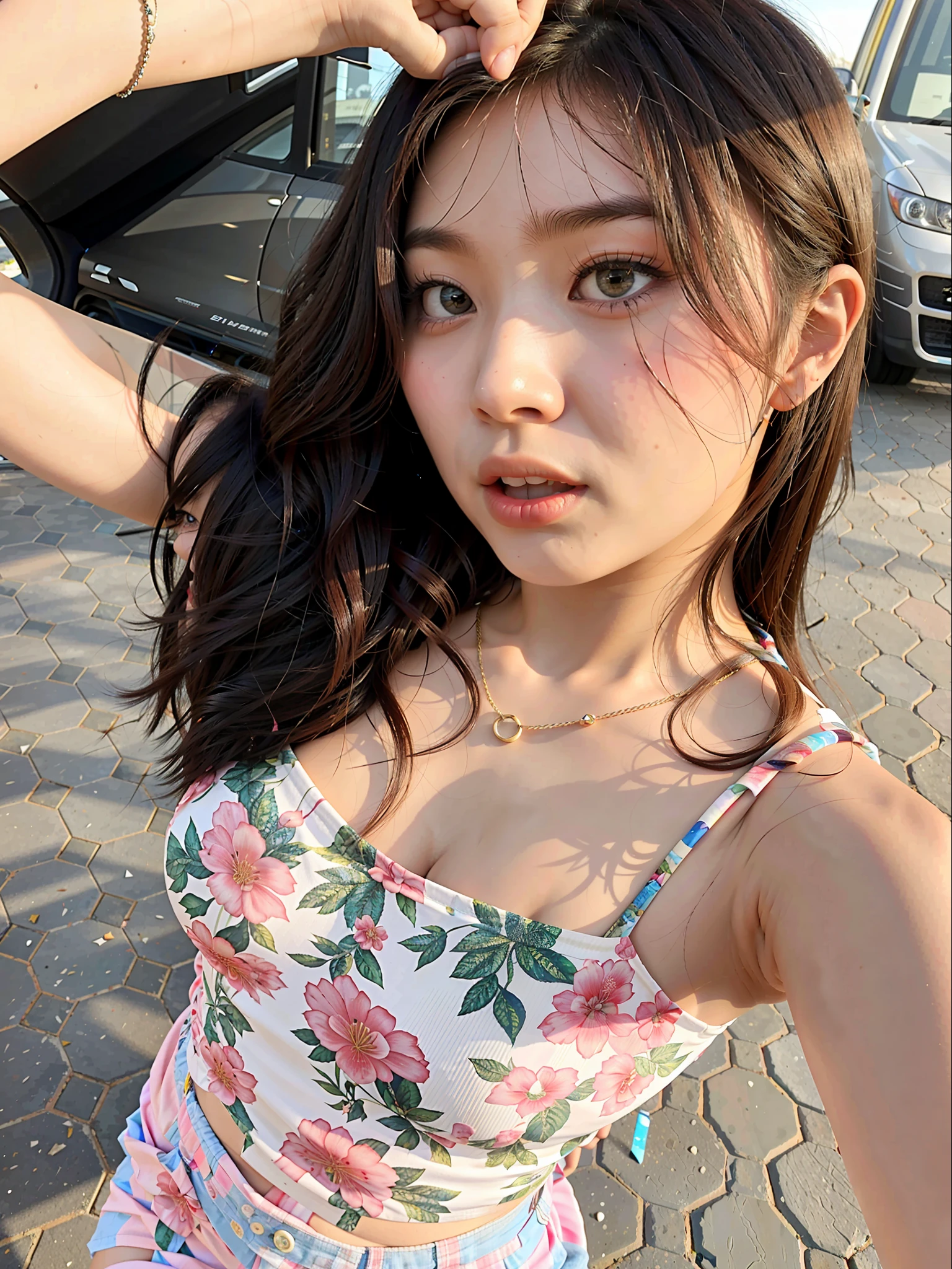 there is a woman that is standing in front of a car, 18 years old, cindy avelino, 2 s old, 21 years old, 1 6 year beautiful asian girl, 2 3 years old, and cute girl, 2 7 years old, 19-ye girl, asian girl, 1 8 yo, cleavage, big breasts