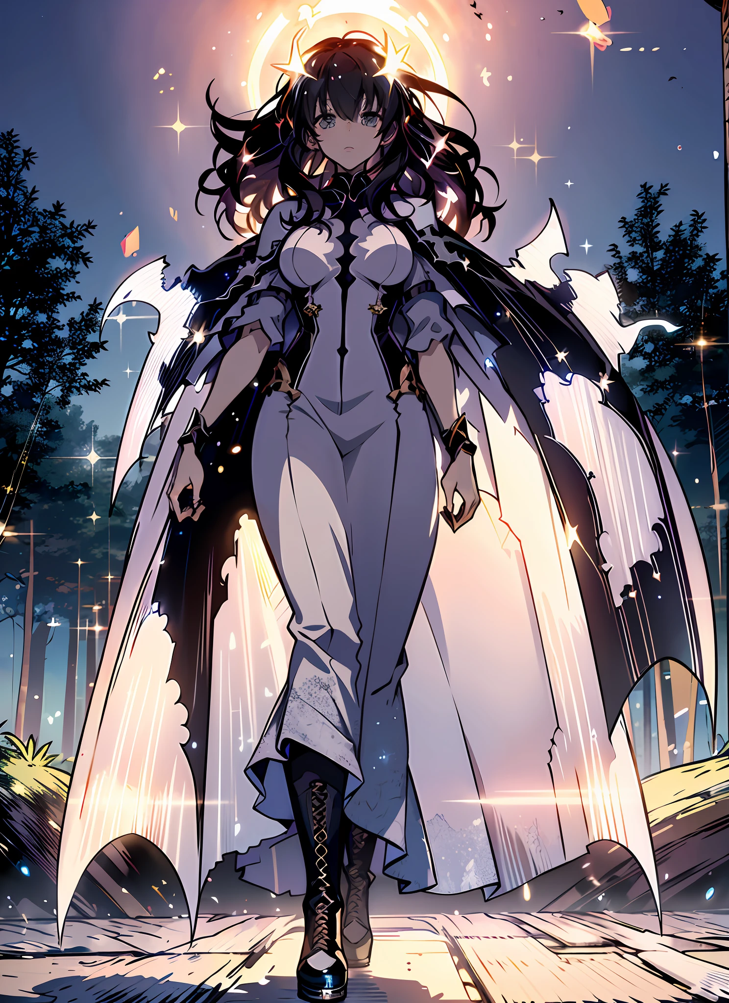 ((Girl in a suit)), ((Gorgeous Starry Sky Background)), ((Ultra Definition)), ((Best Illustration)), ((Cinematic Lighting)), Dynamic Angle, Floating, Detail, (Glitter: 1.2), (Shine: 1.2), (Shine: 1.2), Classic, (Paint: 1.1), (Sketch: 1.1), (Best Quality), (Masterpiece: 1.2), (Anime-style), ( Solo), Beautiful Detail Face, (Big Eyes: 1.3), Red Hair, (Long Hair: 1.2), (Floating Hair: 1.2), (Suit), Detailed Costumes, (Shining Sword: 1.3), (Magic Effects: 1.3), (Cute Boots: 1.1), (Transparent Fabric: 1.1), (Glitter: 1.2), (Glow: 1.2), (Glow: 1.2), (Shine: 1.2), (Flicker: 1.2), (Dazzle: 1.2), Big, Ceremonial Clothes, Black Suit , slacks, big breasts, full body