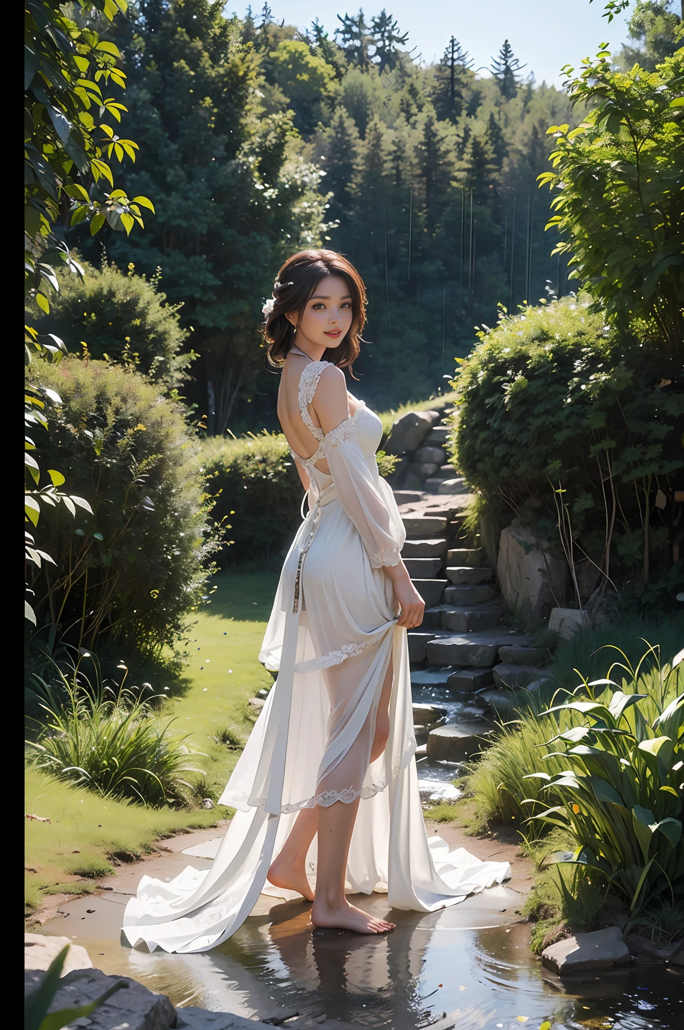 {bride}, (long wedding dress), {back view}, dark brown hair, {(photo taken from a very distance)}, (bride looking very small in the distance), wide shot, running alone, gorgeous barefoot, trail, steep cliffs, detailed, wet, muddy floor, rainy, wet, best quality, masterpiece, illustration, very delicate and beautiful, very detailed, CG, Unity, 8K wallpapers, amazing, fine details, highly detailed CG Unity 8K wallpapers, huge file size, Very detailed, High Resolution, (Best Illustration: 1.1), (Best Shadow: 1.1), Ultra High Resolution, (Photorealistic: 1.1), (Photo Realistic: 1.2:1.1), Digital Painting, Art Station, Concept Art, Breathtaking, High Detail, 4K, Very detailed, Beautiful, Setting Shots, Hyperrealism, Unreal Engine 5, Pretty Face, Detailed Face, Smile, only 2legs,